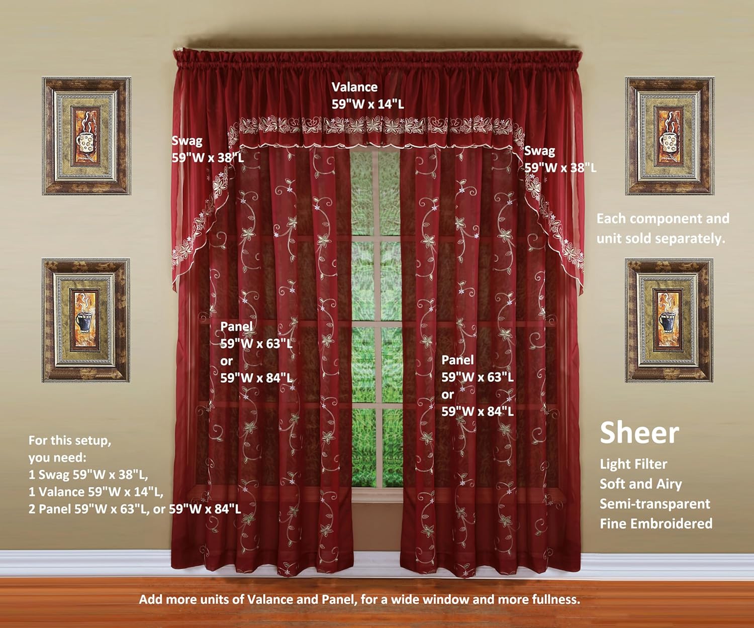 Today's Curtain, Emelia Embroidery Sheer Valance 14", Burgundy, 59" W x 14" L