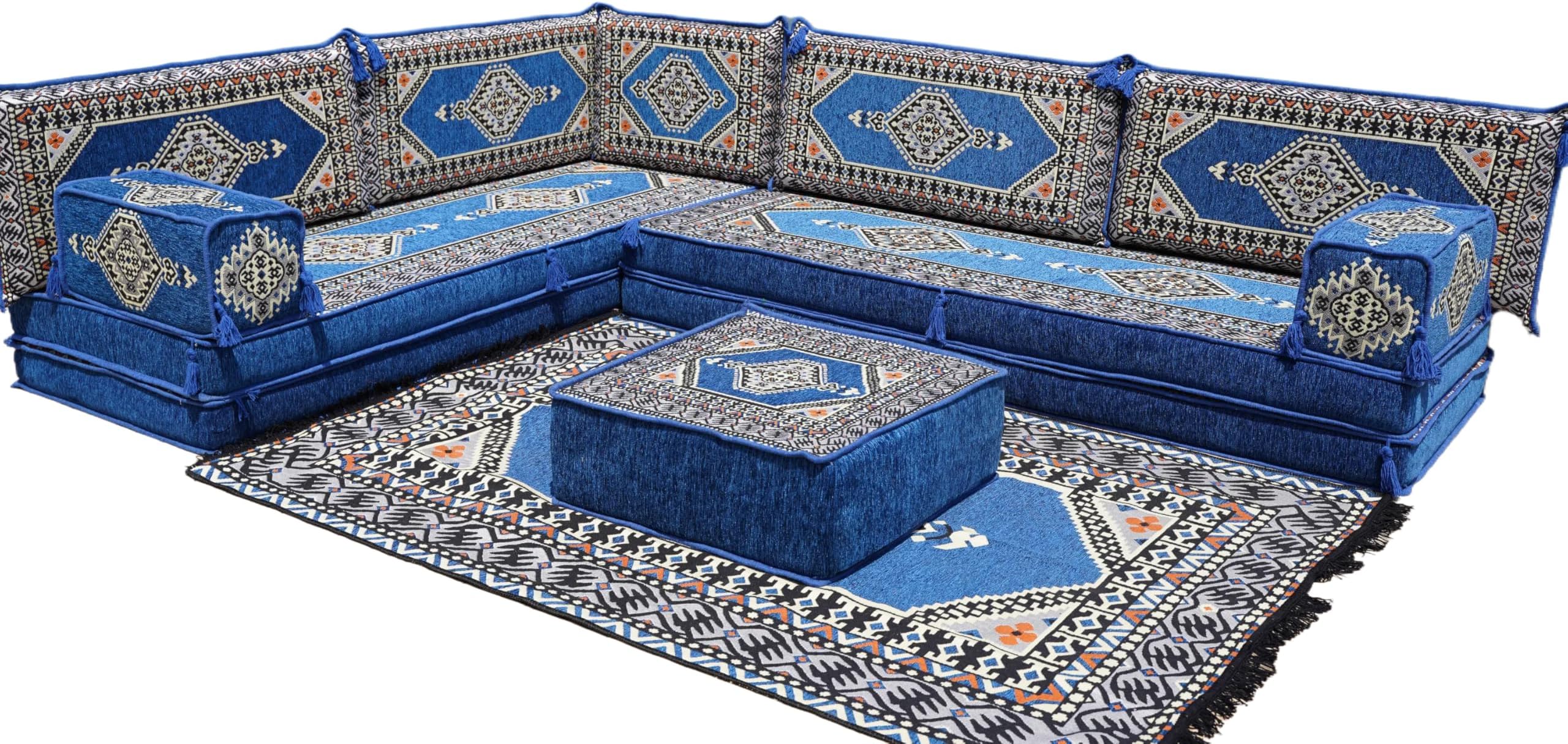 arabicsofa Royal Blue L Shaped Set, Floor Sofa Seating Set, Oriental Floor Seating, Floor Cushions, Arabic Lounge, Arabic Majlis, Arabic Jalsa (L Sofa + Rug + Ottoman, 8'' Thickness (20 cm))
