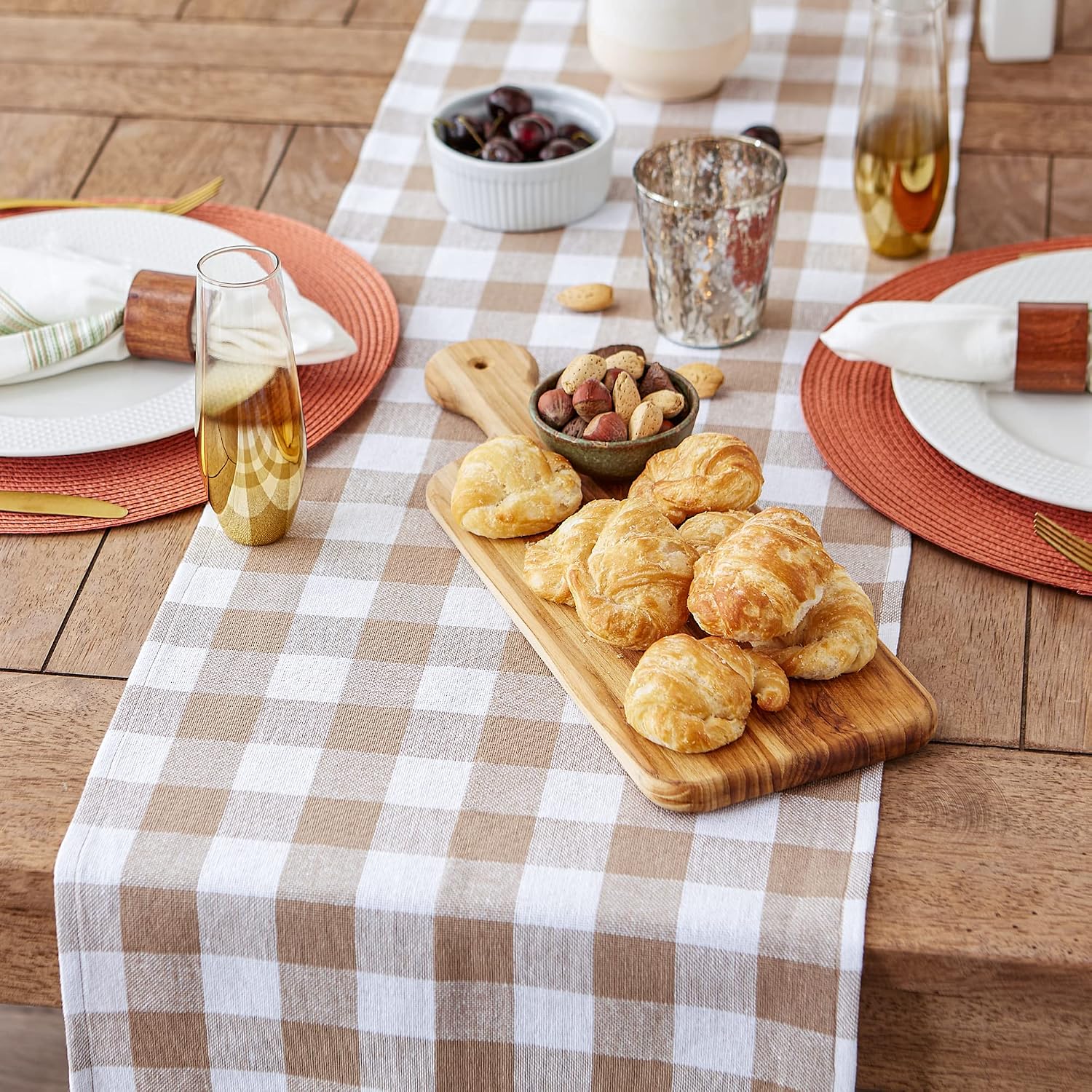 DII Fringed Check Tabletop, Table Runner, 14x72, Stone Brown