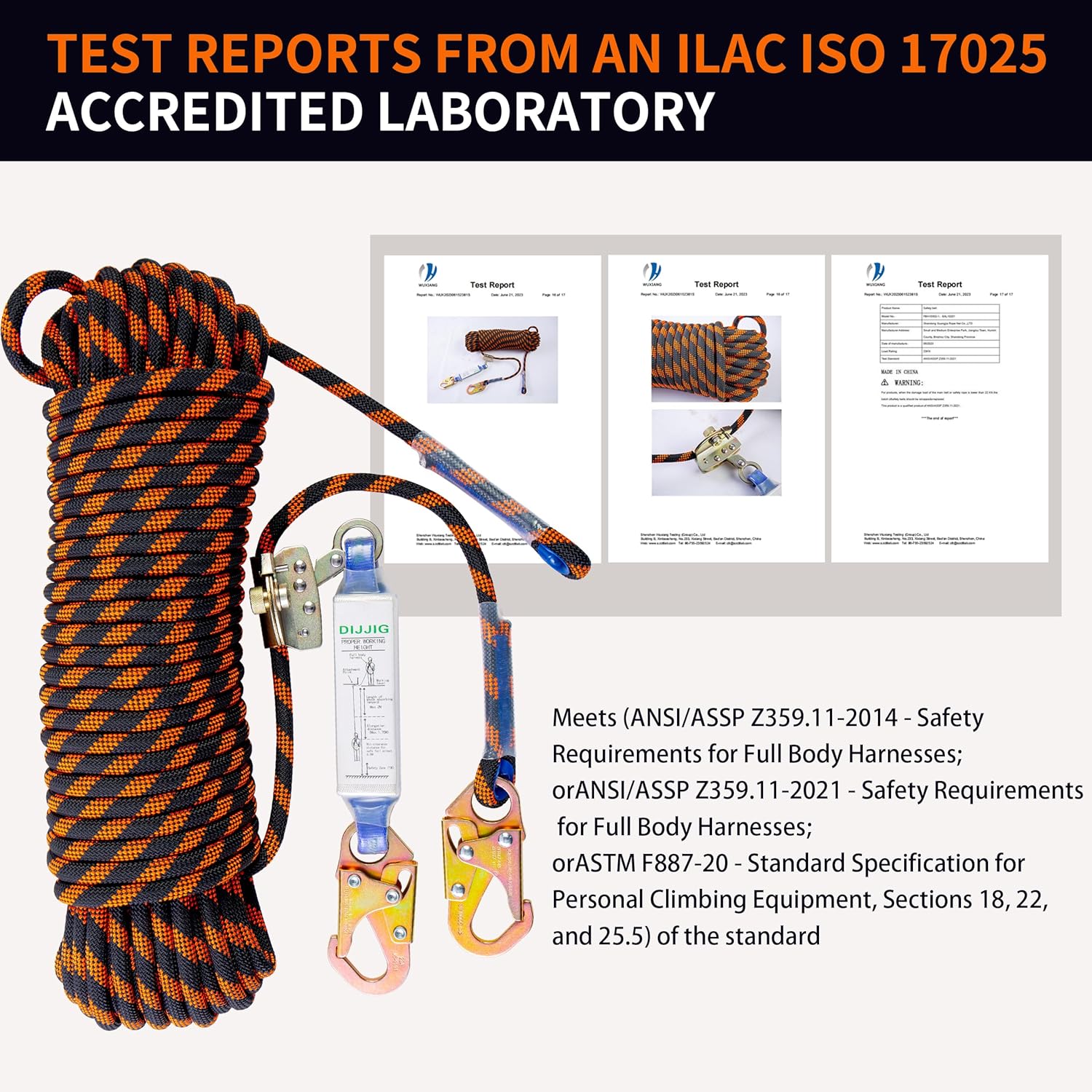 Rope Harness Safety Lanyard 50ft Vertical Roofing Rope With Grab Snap Hooks Shock Absorber Fall Protection Tree Climbing Line Kit Heavy Duty Roof Safety Equipment ANSI CE