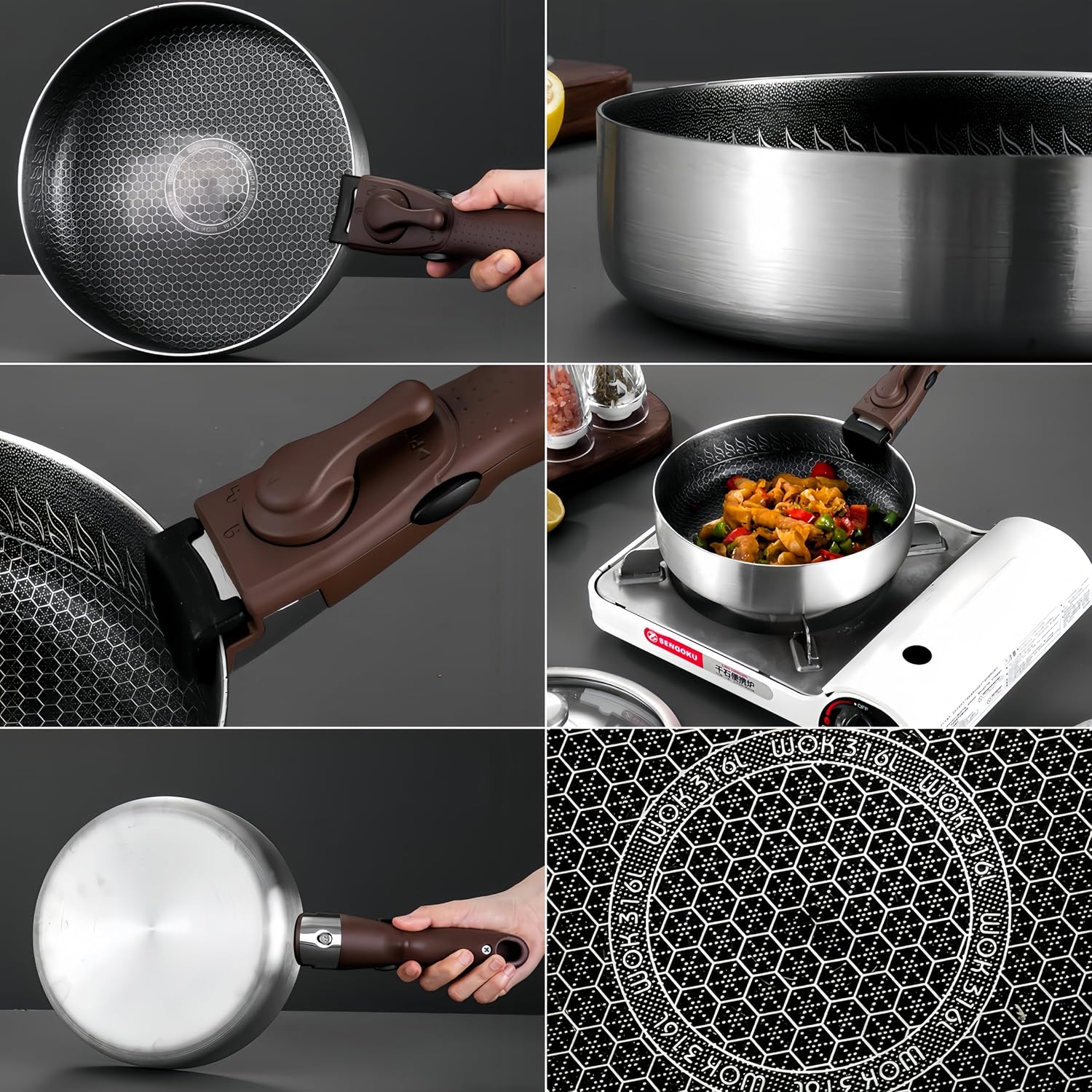 Detachable handle 8" stainless steel frying pan with lid,For kitchen cooking, outdoor camping, convenient storage,Non Stick with Removable Handle,Suitable for all heat sources,Dishwasher & Oven Safe