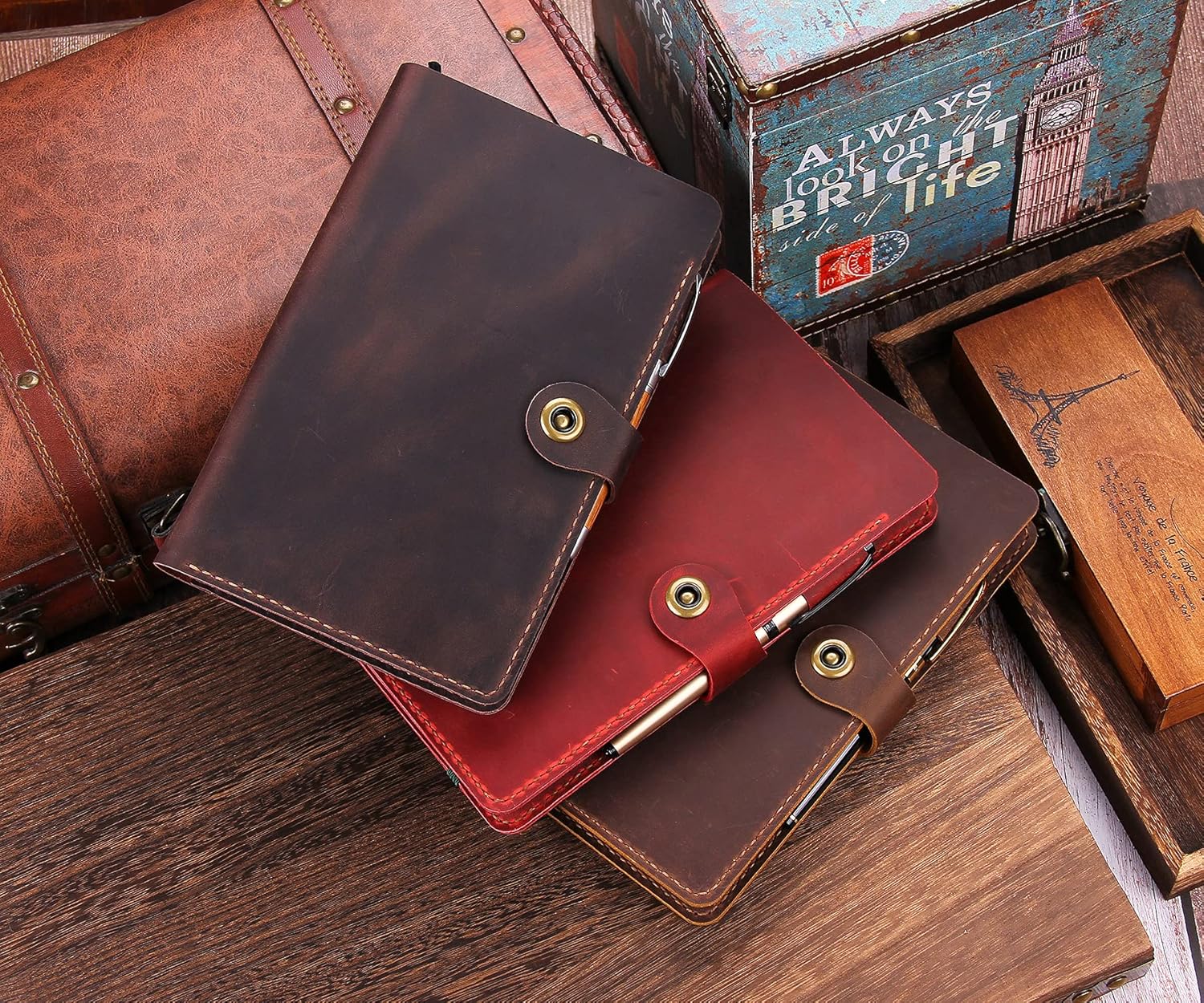 Handmade Journal Cover For Moleskine Hardcover Large Size 5"x8.25" Notebook, Vintage Leather Cover With Pen Holder & Snap Closure For Hardcover Notebooks-Wine