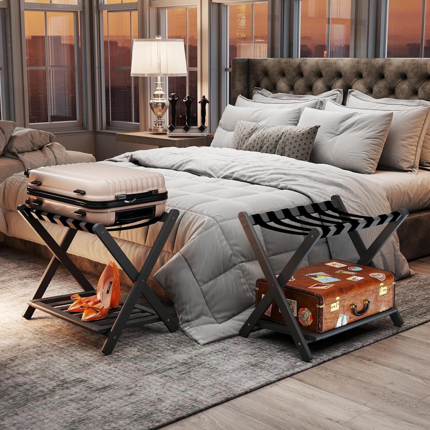 Luggage Rack, Foldable Suitcase Stand with Storage Shelf and 5 Heavy-Duty Straps, Bamboo Luggage Holders for Guest Room, Bedroom and Hotel - Natural