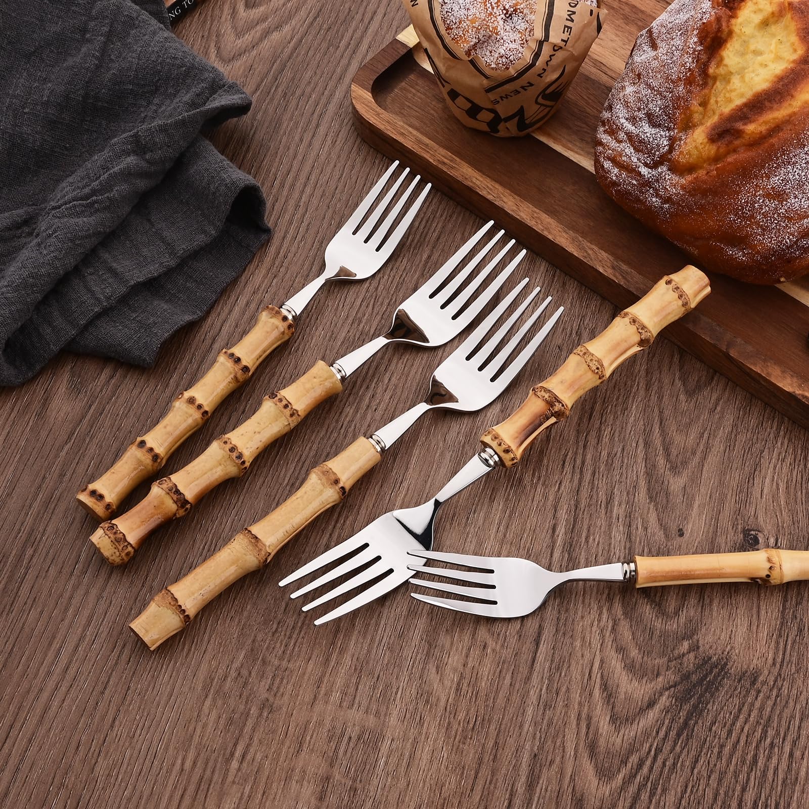 Dinner Fork Set, 8-Piece Natural Bamboo Forks, 18/8 Stainless Steel with Bamboo Handle, Silver Mirror Finish, Unique Design, 8.27 Inch — Amazon image 3