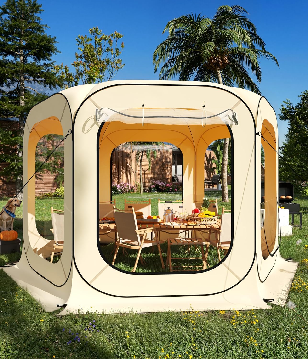 Garvee 6 X 6 FT Pop Up Outdoor Bubble Tent, All Weather Clear Rain Tent, Instant Camping Sun Shelter with Carry Bag for Patio, Backyard, Deck, Outdoor Activities, Beige
