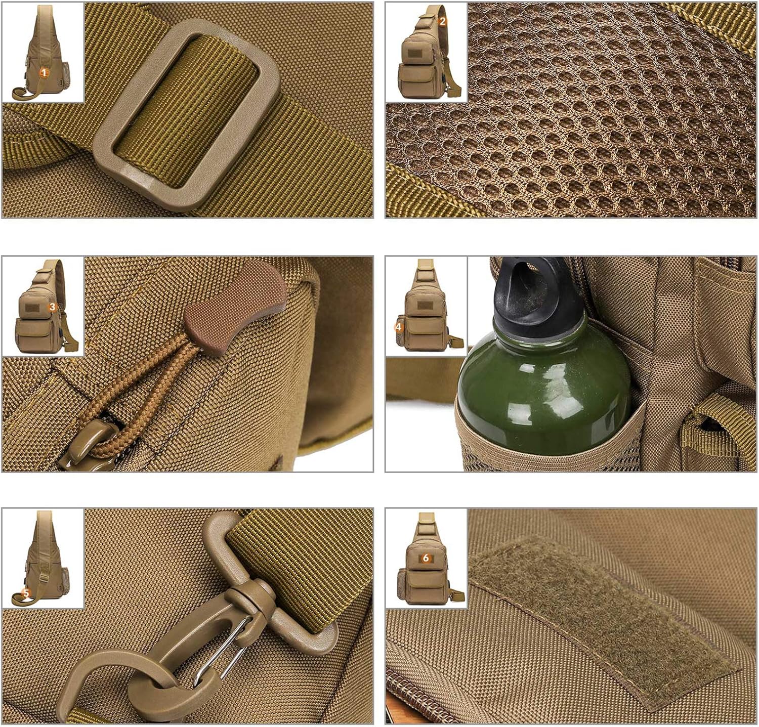 BAIGIO Tactical Sling Bag Crossbody Pack One Shoulder Backpack (Brown)