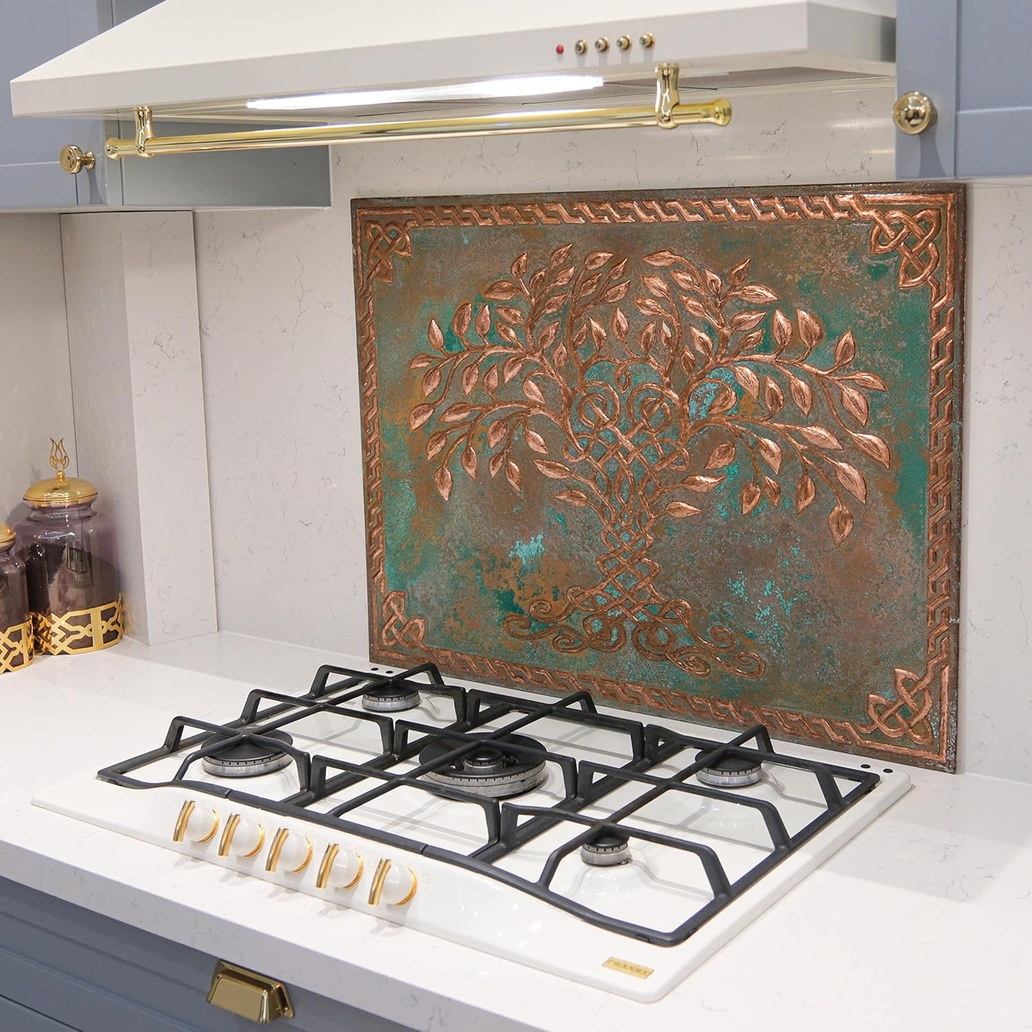 Handmade Copper Kitchen Backsplash Tiles, Celtic Tree of Life with Celtic Knot Border Kitchen Splashback, Decorative Copper Backsplash Panel, Copper Stove Backsplash, Indoor Outdoor Wall Decor (Green)