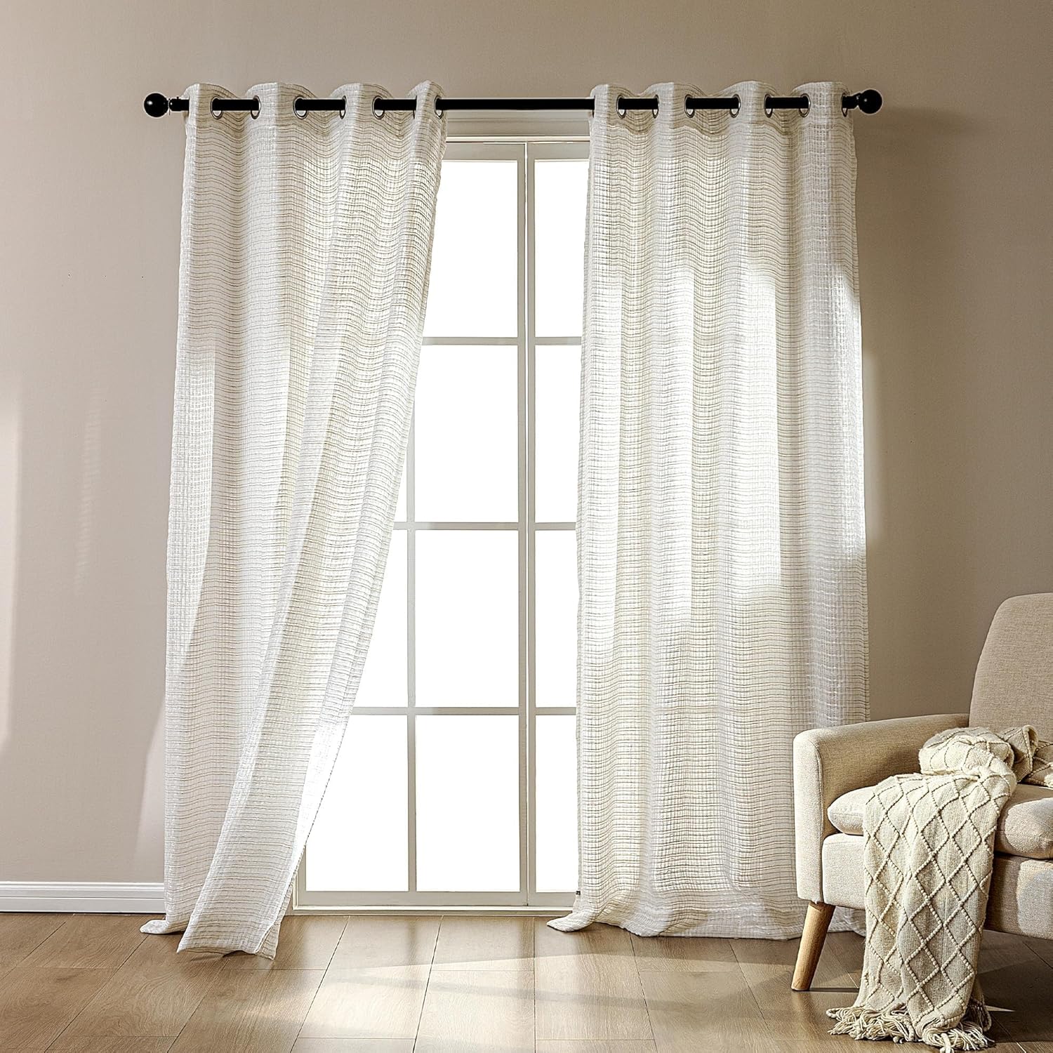 SLEEP ZONE White Linen Sheer Curtains 84 inches Long 2 Panels Set for Living Room/Bedroom, Linen Textured Sheer Voile Lightweight Filtering Curtains & Drapes with Gromment, 52" W × 84" L