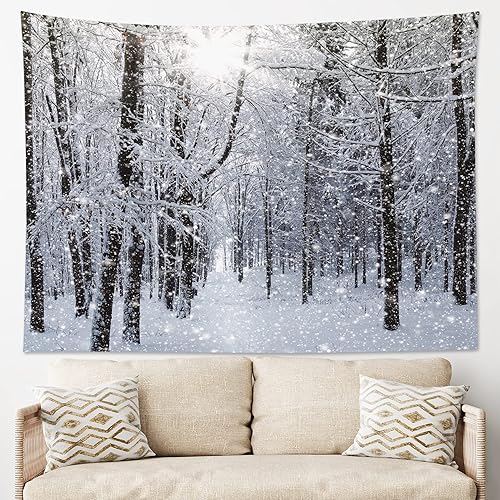 Miniatura 9 de HVEST Tapiz de invierno para colgar en la pared, bosque de pinos nevados, tapiz para ventana exterior, tapiz para dormitorio, nieve blanca de