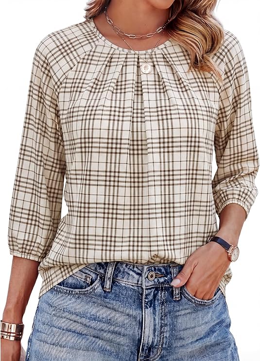 WIHOLL 3/4 Length Sleeve Womens Tops Pleated Front Crew Neck Blouses Dressy Casual Business Casual Spring Summer Shirts S-3XL