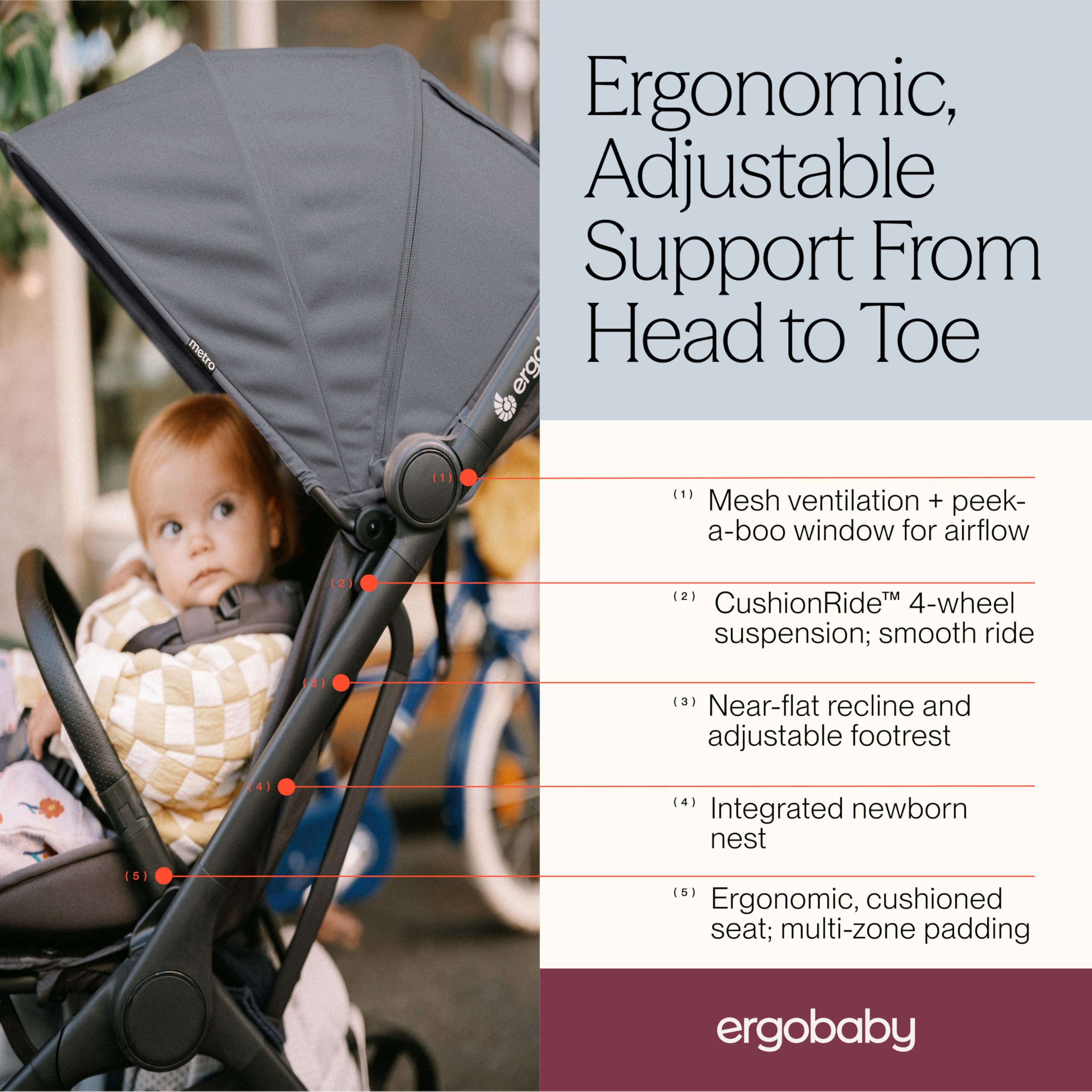 Silla de paseo Ergobaby Metro 3 con función reclinable, apta desde el nacimiento hasta los 22 kg (0-4 años), Plegable, compatible con silla de coche, con asiento ergonómico, Graphite Grey