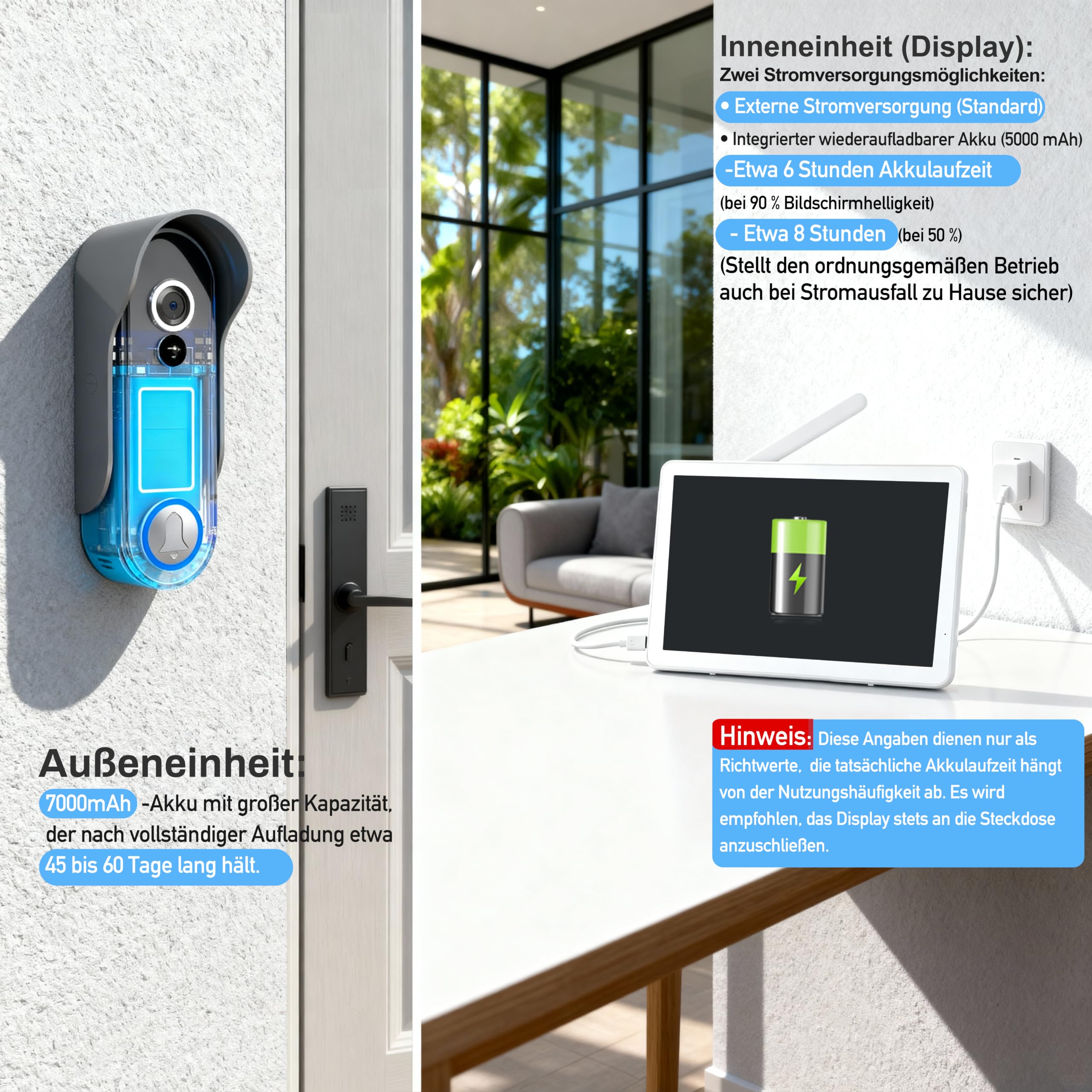 8 Zoll WLAN Kabellose Video Türsprechanlage, Ultradünner Körper, 1080p Touchscreen, Unterstützung für TUYA-APP, PIR Bewegungserkennung,160° Weitwinkel-Kamera, IP65, Speichervideo
