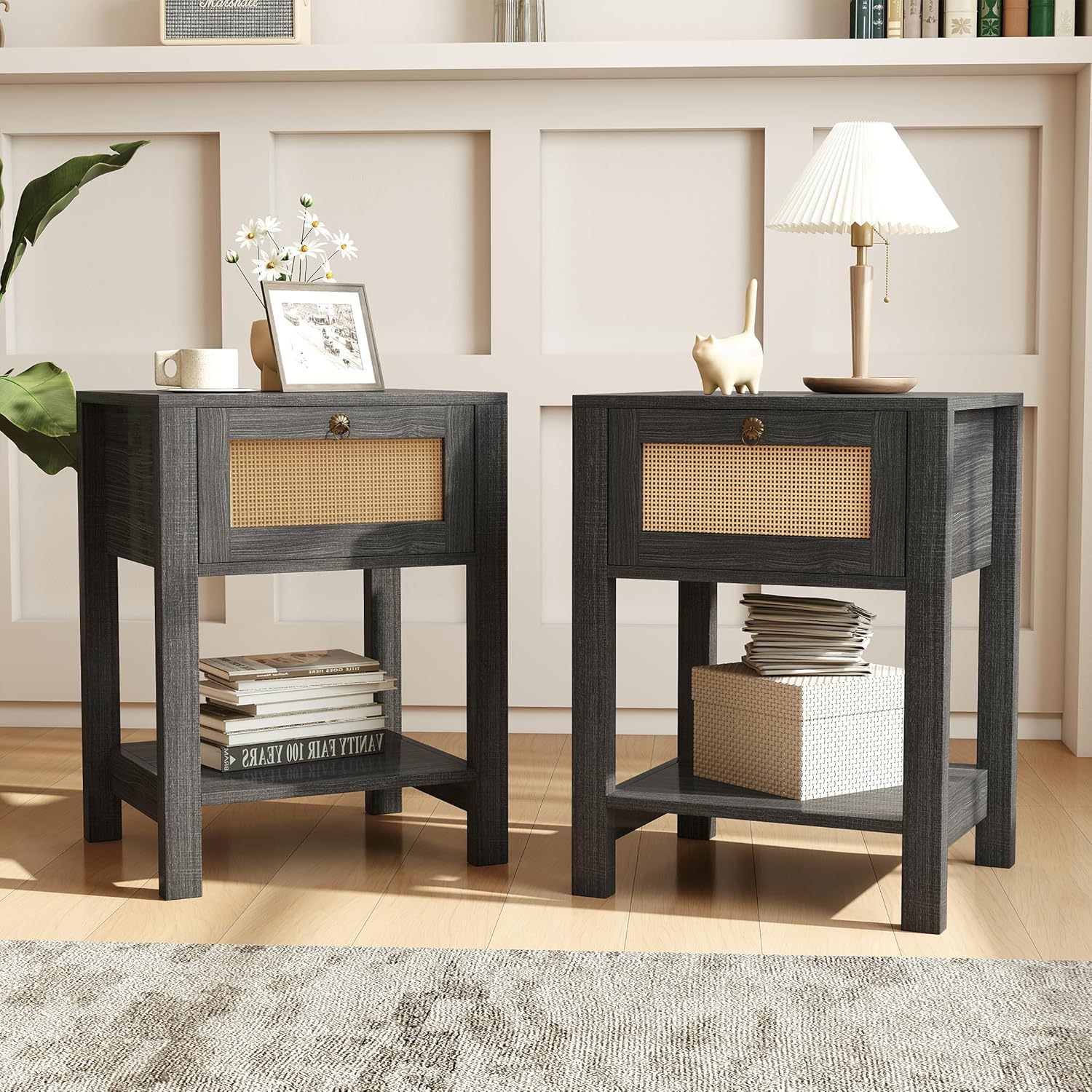 Miereirl Rattan Nightstand Set of 2, Rattan Decor Drawer with Brass Knobs Bohemian End Tables Side Tables with Storage Shelf, Dark Grey