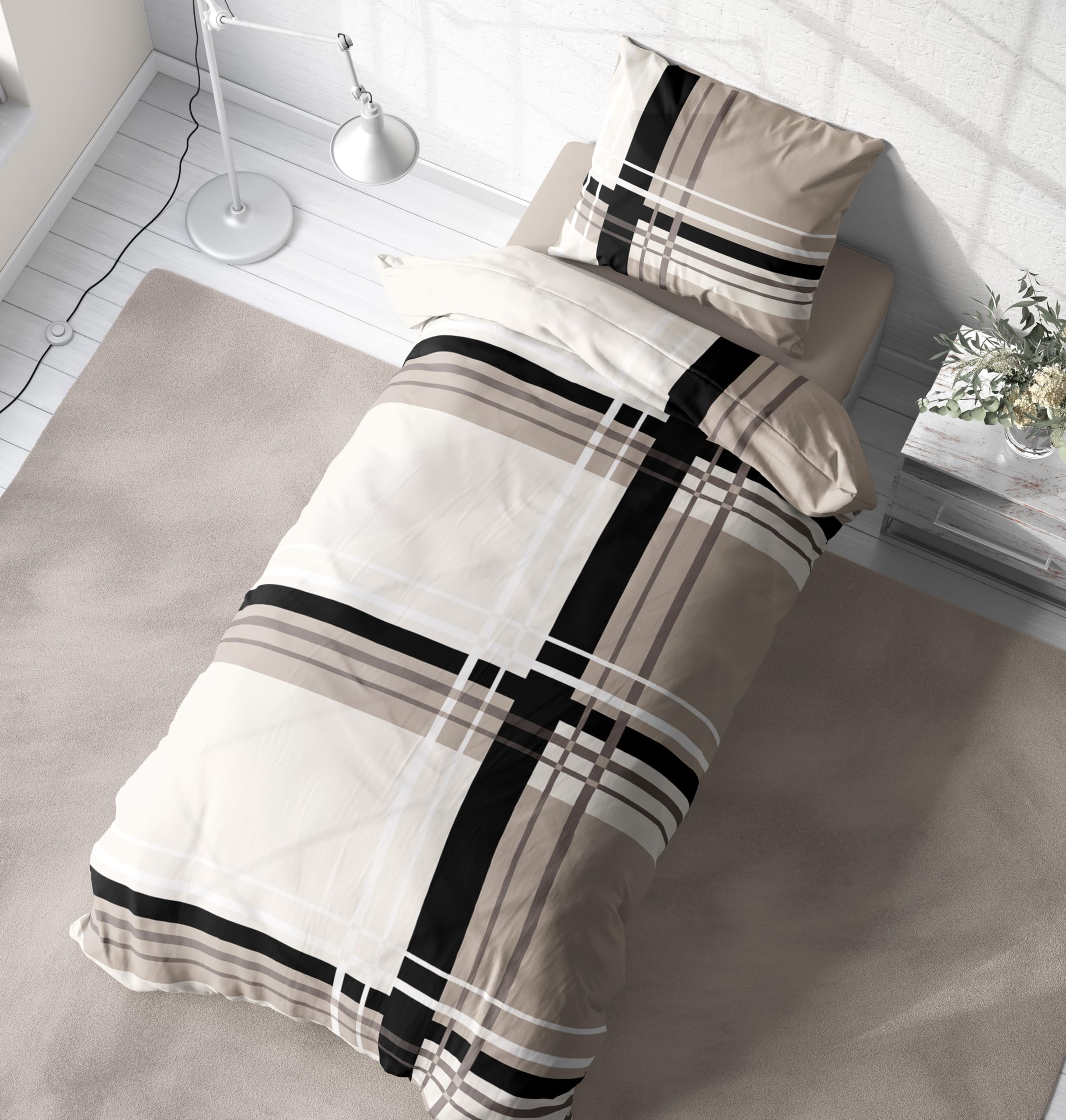 one-home 4 teilig Winter Biber Bettwäsche 135x200 cm gestreift beige kuschelig Baumwolle