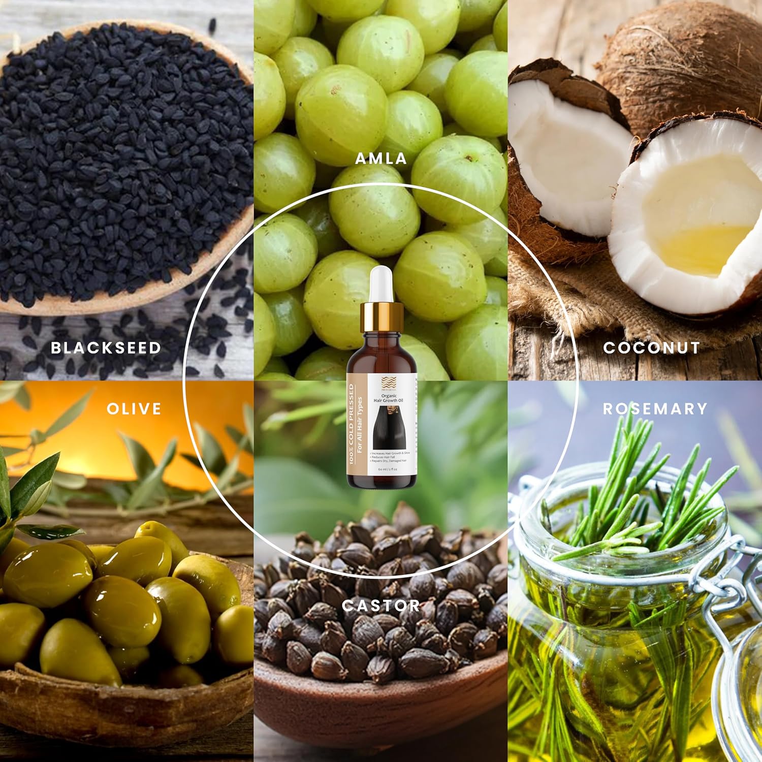 Organic Hair Growth Oil, 100% Cold Pressed Organic, Traditional Scalp & Hair Massage, Thickness Shine Repair for Damage & Thin Hair,Amla Blackseed Olive Castor Coconut Rosemary 2 oz - Image 8