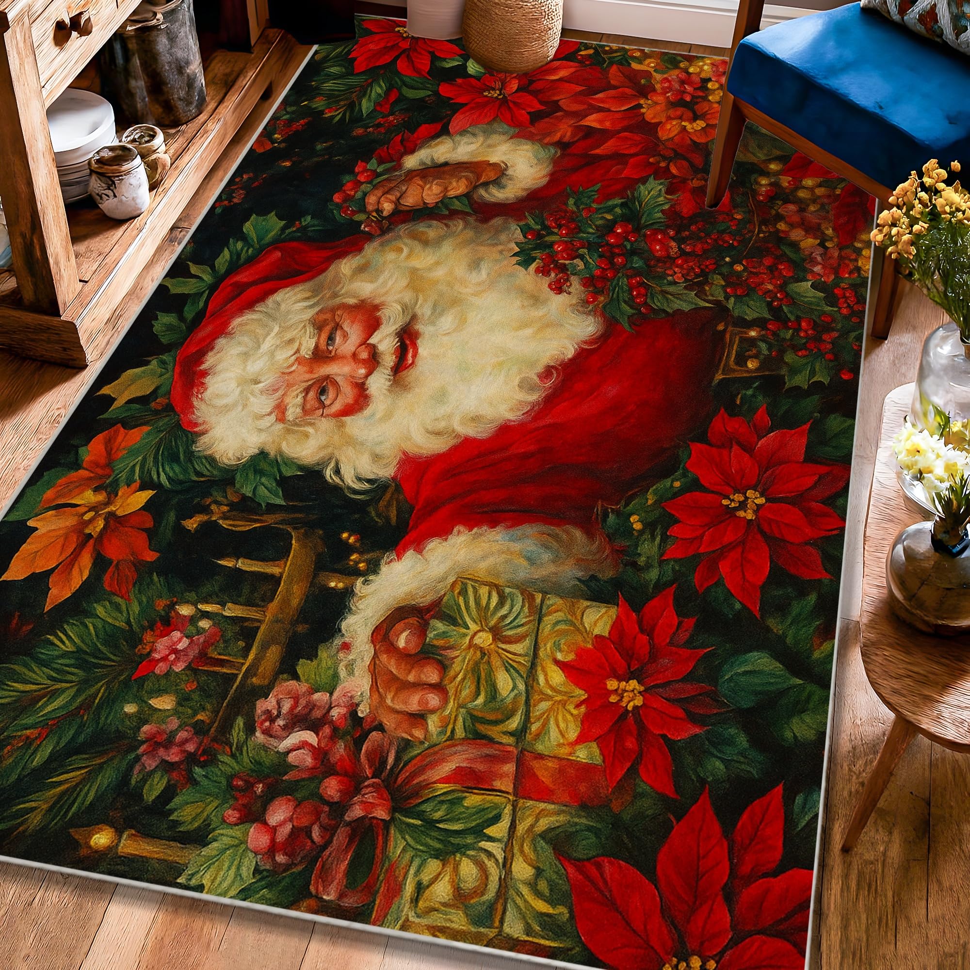 Tapis de sol rectangulaire pour salon et salle à manger décor de Noël rouge