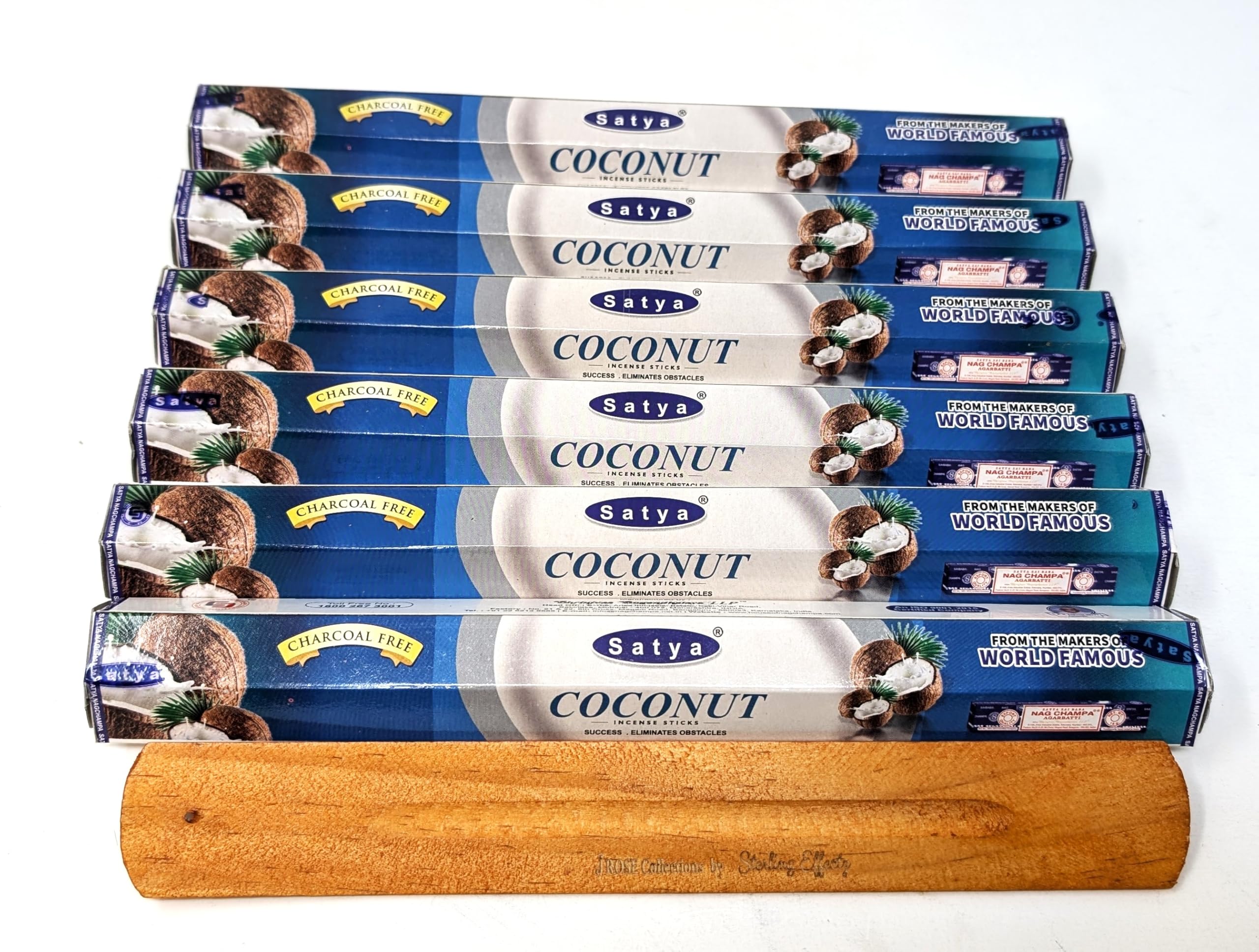 Jrose Collections Multicolor Satya Coconut Incense Sticks – 6 X 20 Stick Packs (120 Total) – Charcoal-Free – Tropical & Sweet Aroma – Includes Jrose Wooden Burner – Natural Masala Incense For Relaxation & Energy Clearing