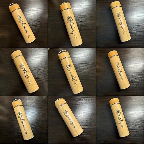 Miniatura 5 de UPFLICK Custom Birthday Month Flower Cup Bamboo Tea Tumbler Custom Name Engraved Insulated Water Bottle 15 &amp; 17 oz Stainless Steel Leak Proof
