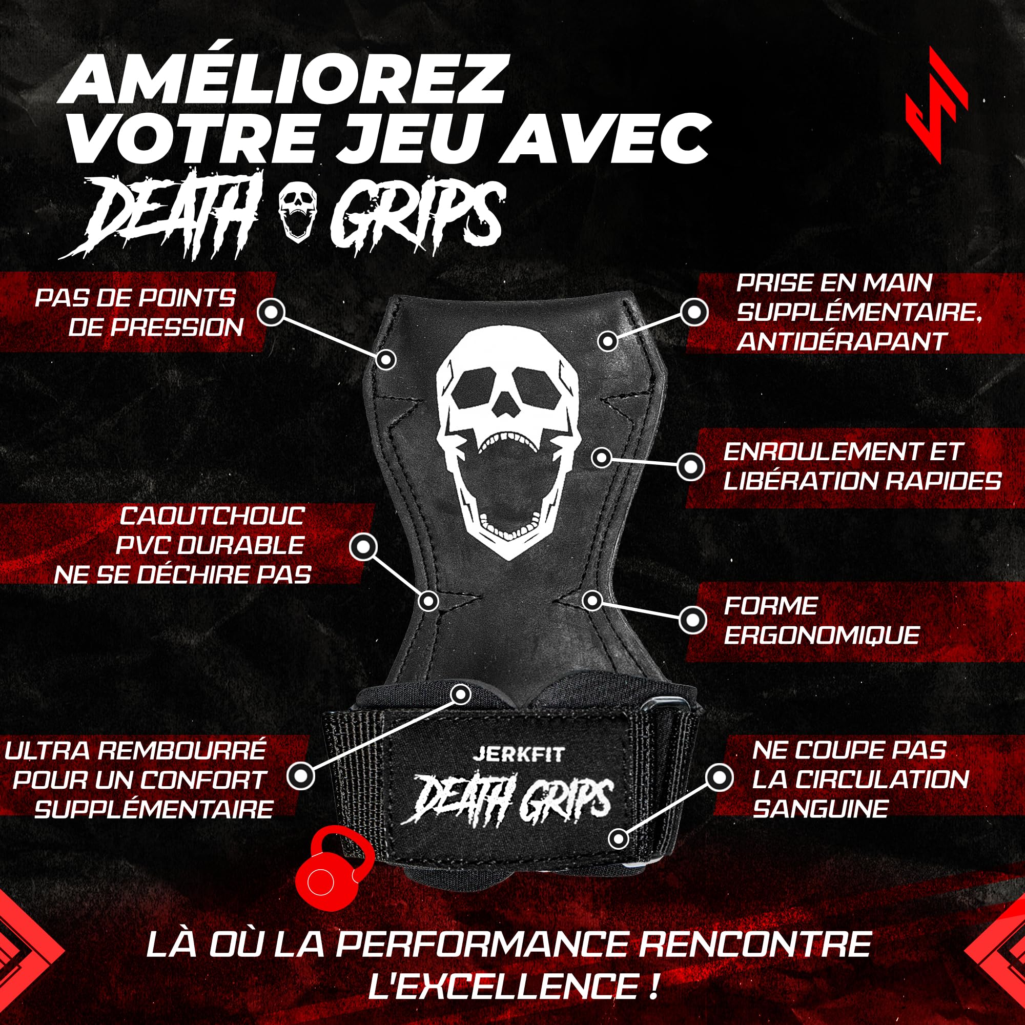 JerkFit Death Grips – Sangles de Levée Premium, Sangles en PVC Caoutchouc de Qualité Pneumatique pour Shrugs & Tractions – Sangles avec Rembourrage Néoprène pour Protection des Paumes