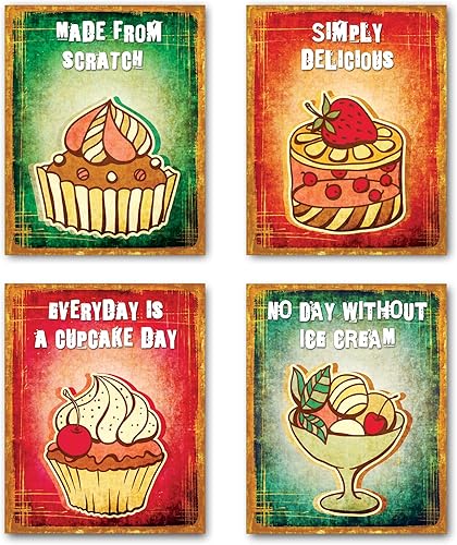 Carteles de decoración de pared de 8 x 10 pulgadas de cupcakes y dulces. Juego de 4 carteles sin marco. Fabricado en Estados Unidos.