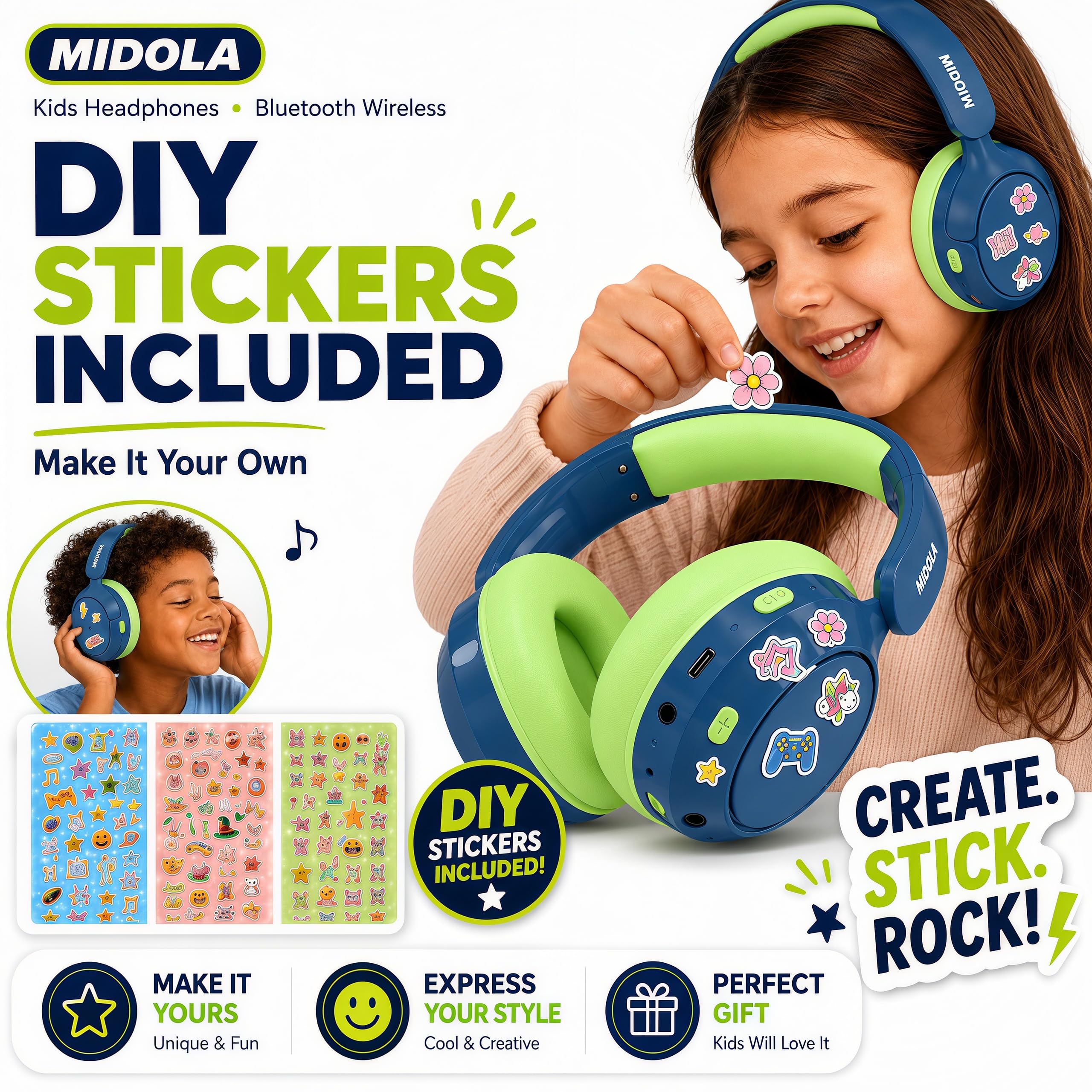 MIDOLA Kinder-Kopfhörer mit aktiver Geräuschunterdrückung, Bluetooth 5.4, kabellose Lautstärke, begrenzt 85/94 dB, Typ C, schnelles Aufladen, Over-Ear-Kopfhörer, faltbar, mit Mikrofon, AUX-Kabel, für