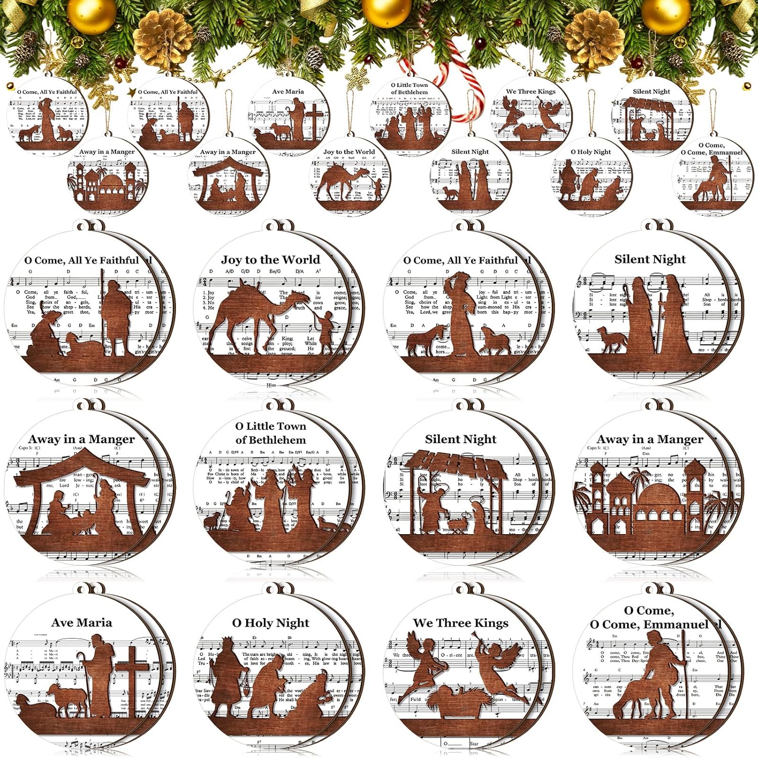 24 Pcs Christmas Nativity Scene Gifts Bulk Wooden Nativity Story Music Religious Catholic Ornaments Hymns Jesus for Xmas Tree (Cute Style)