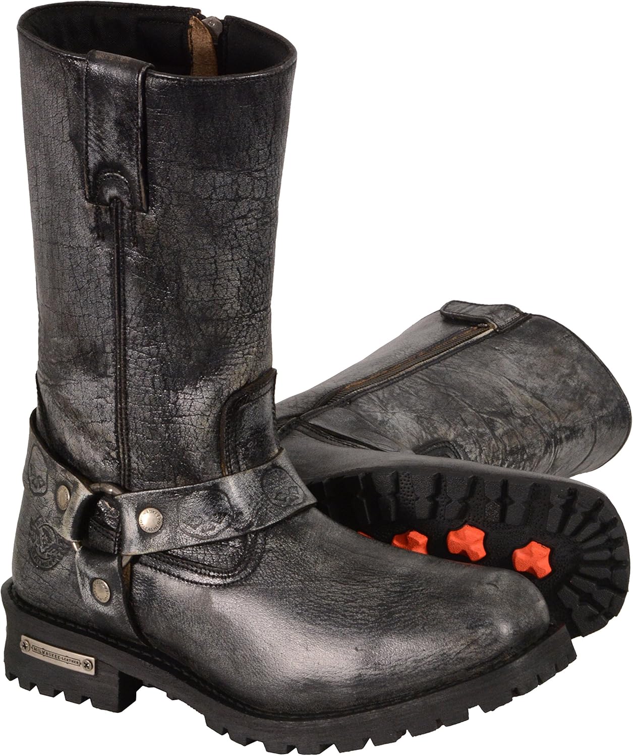 Men's Classic Motorcycle Harness Boot in Distressed Grey Leather
