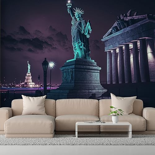 Miniatura 6 de DEKOROS.COM Estatua de la Libertad - Papel pintado de cielo nocturno de la ciudad de Nueva York, gran ángulo de vista, arte mural de pared grande