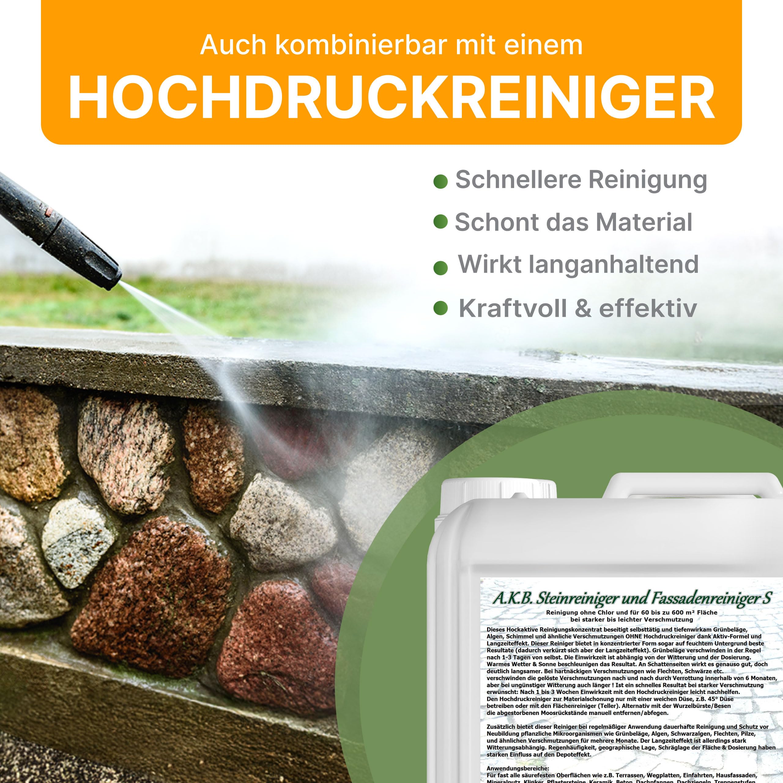 A.K.B. Steinreiniger und Fassadenreiniger S Konzentrat bis 3000m², 0531(5L) Flechtenentferner,Dachreiniger, Grünbelagentferner (bedingt für Farbiges)