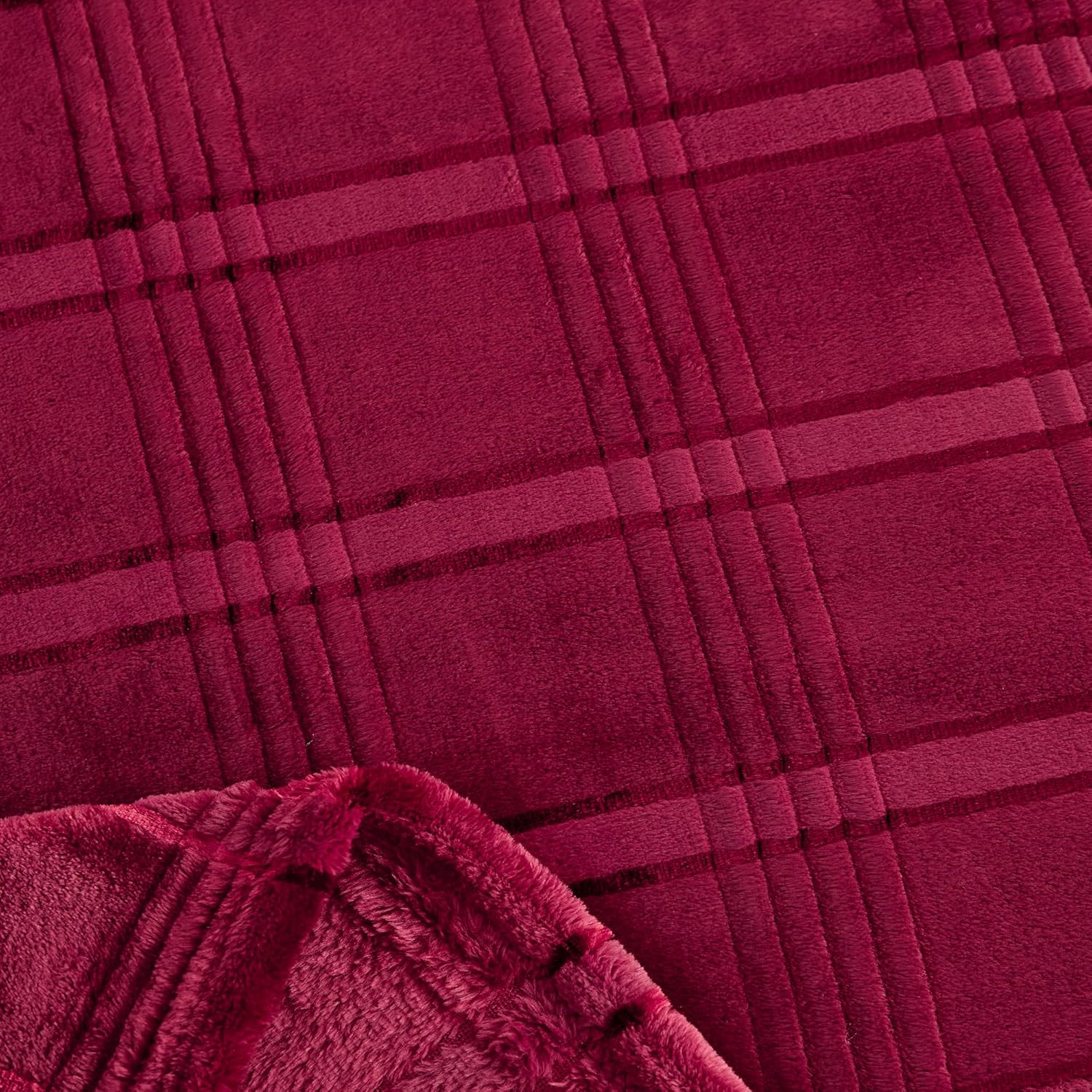 Super Soft Flannel Queen Blanket 90x90 Inches, Premium Checkered Jacquaed Silky Fleece Lightweight Bed Blanket All Season Use, Burgundy Strip, 90"x90"