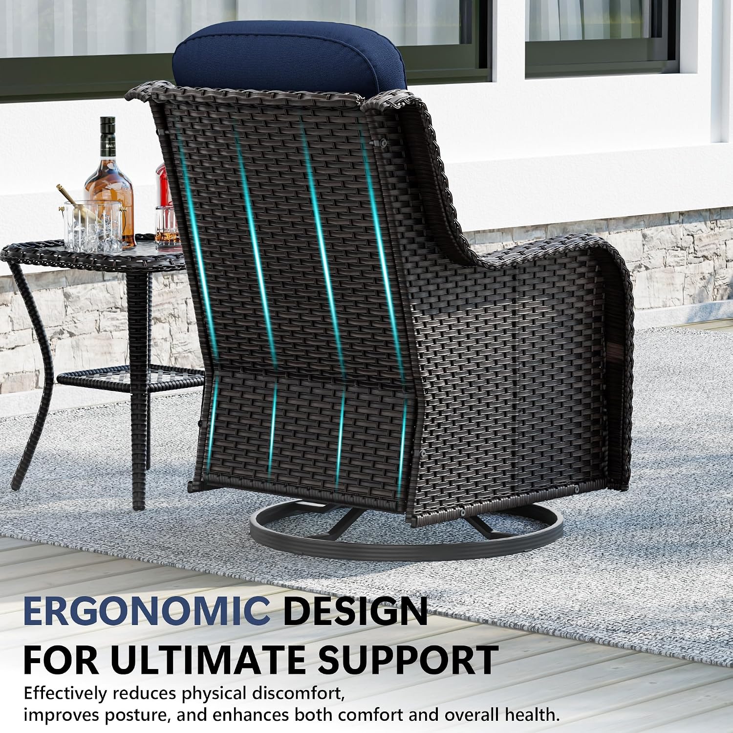 Patio Swivel Chairs Set of 2 and Side Table, Outdoor Swivel Rocker Patio Chairs with High Back and Thick Cushions, Wicker Patio Furniture Set for Porch, Deck Use (Blue, 3 PCS)