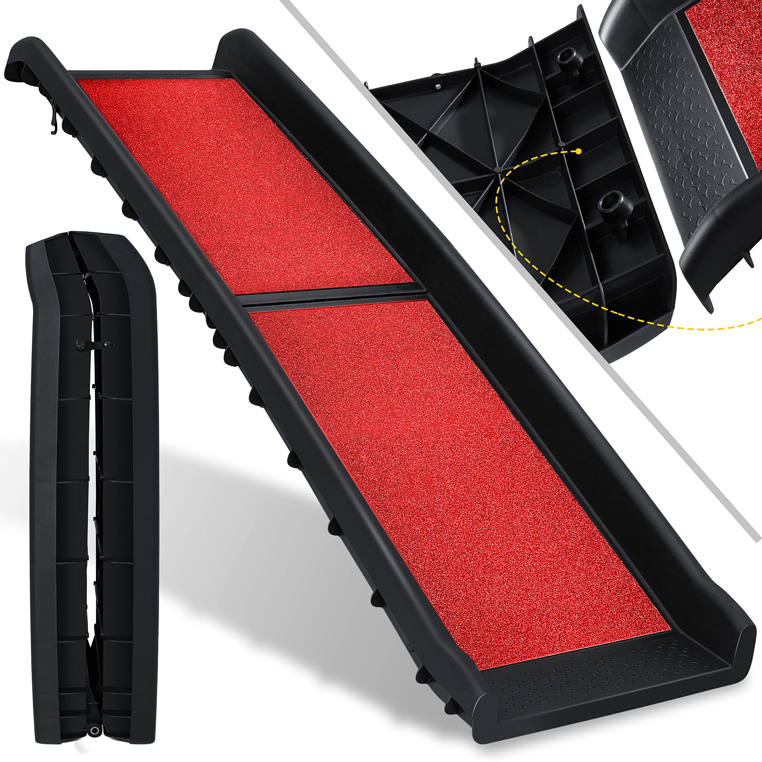 KESSER® Rampe de coffre pliable pour chien - Rampe de coffre pour animaux de compagnie - Jusqu'à 90 kg - 156 x 40 cm - Légèrement stable et antidérapante - Rouge