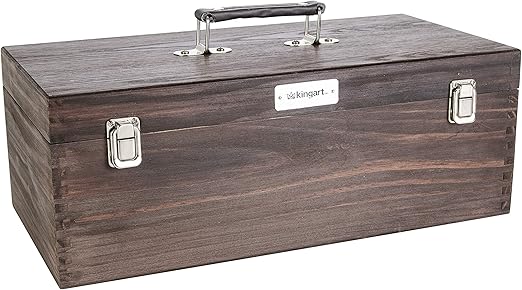 KINGART 724 Wood Portable Storage Box Organizer with Drawer And Espresso Stain, Holds Markers, Paint, Brushes, Pencils, And More