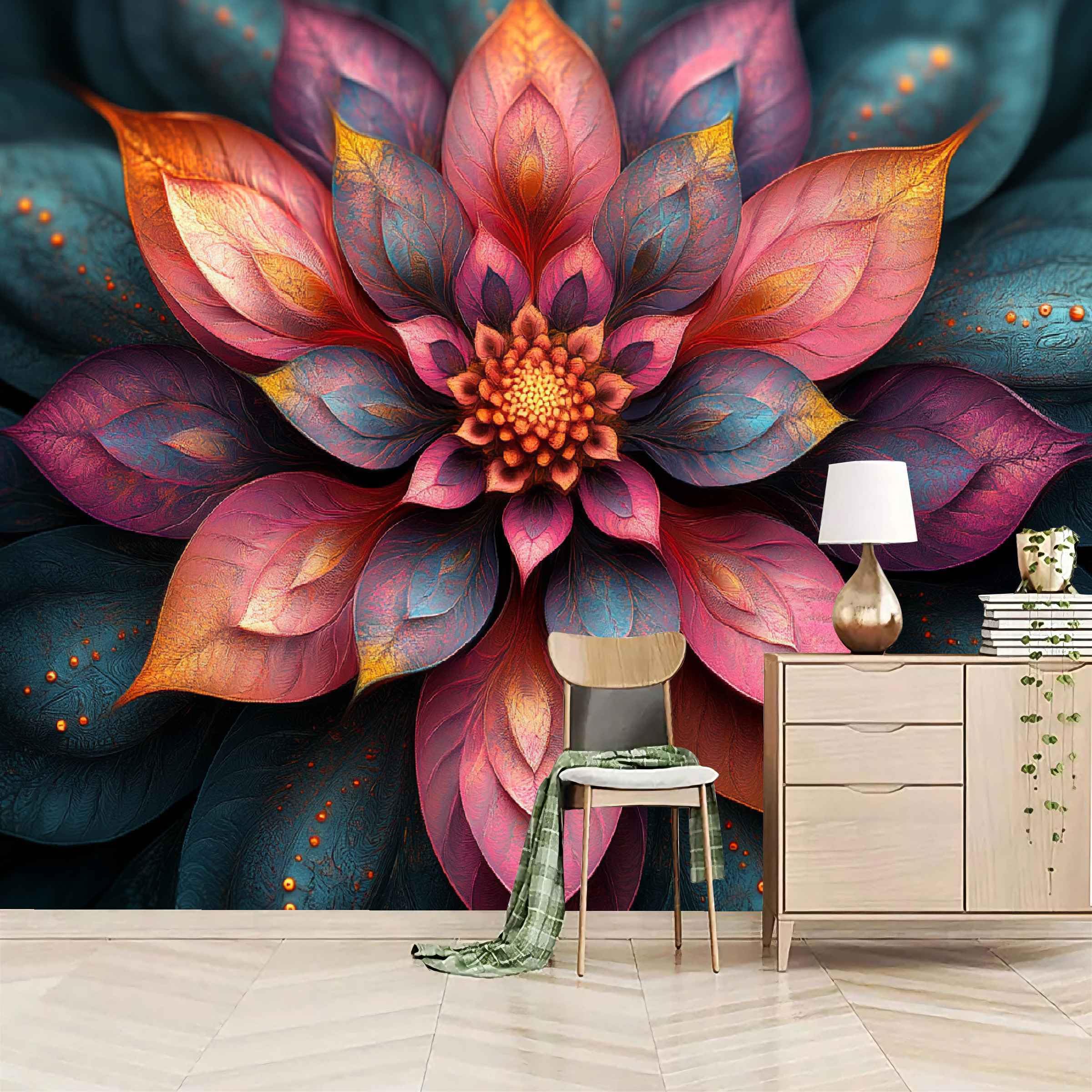 Fototapeta XXL, 500 x 280 cm, kwiaty, panorama, salon, sypialnia, tapeta ścienna, mandala, tapeta z włókniny, ciemna, gotycka estetyka, odporna na promieniowanie UV, bezzapachowa, gotowa do montażu