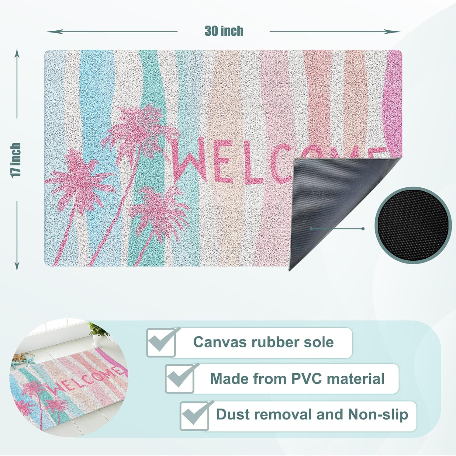 SNNDER Beach Welcome Mat, Pastel Colorful Coastal Palm Tree Preppy Beach Doormat for Front Door Porch Outdoor Outside Entrance, Beachy Doormat, Ocean Bath Mats, 17x30 Inch