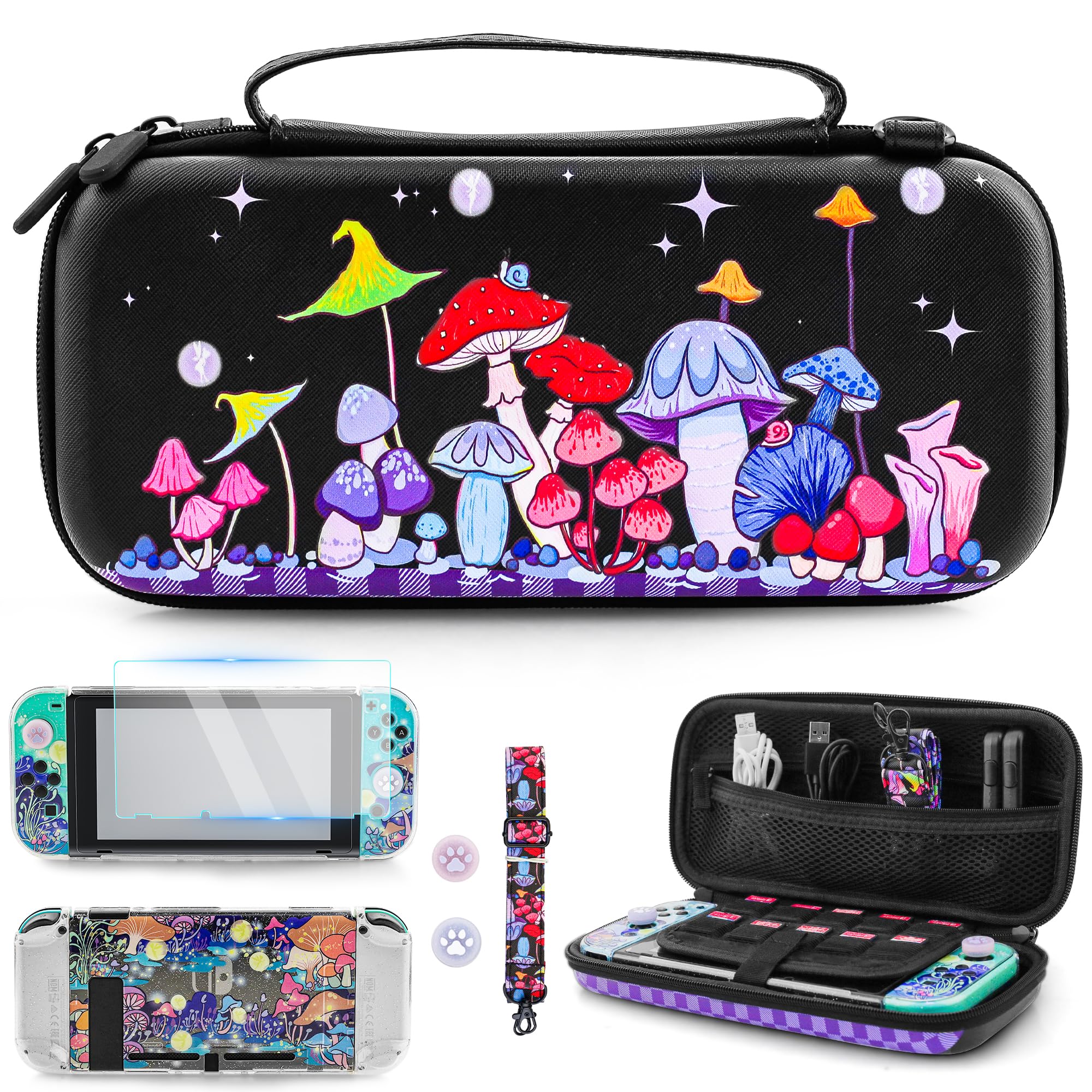 RHOTALL Étui de transport 8 en 1 pour Nintendo Switch - Motif champignons colorés - Étui de transport avec jolie coque rigide - Protection d'écran - Sangle - 2 capuchons de pouce
