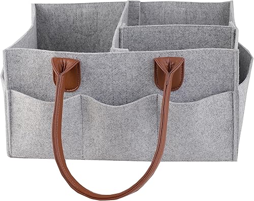 Mysa Organizador de fieltro para pañales de bebé, cesta de almacenamiento para guardería, organizador de automóvil con mango de cuero vegano para