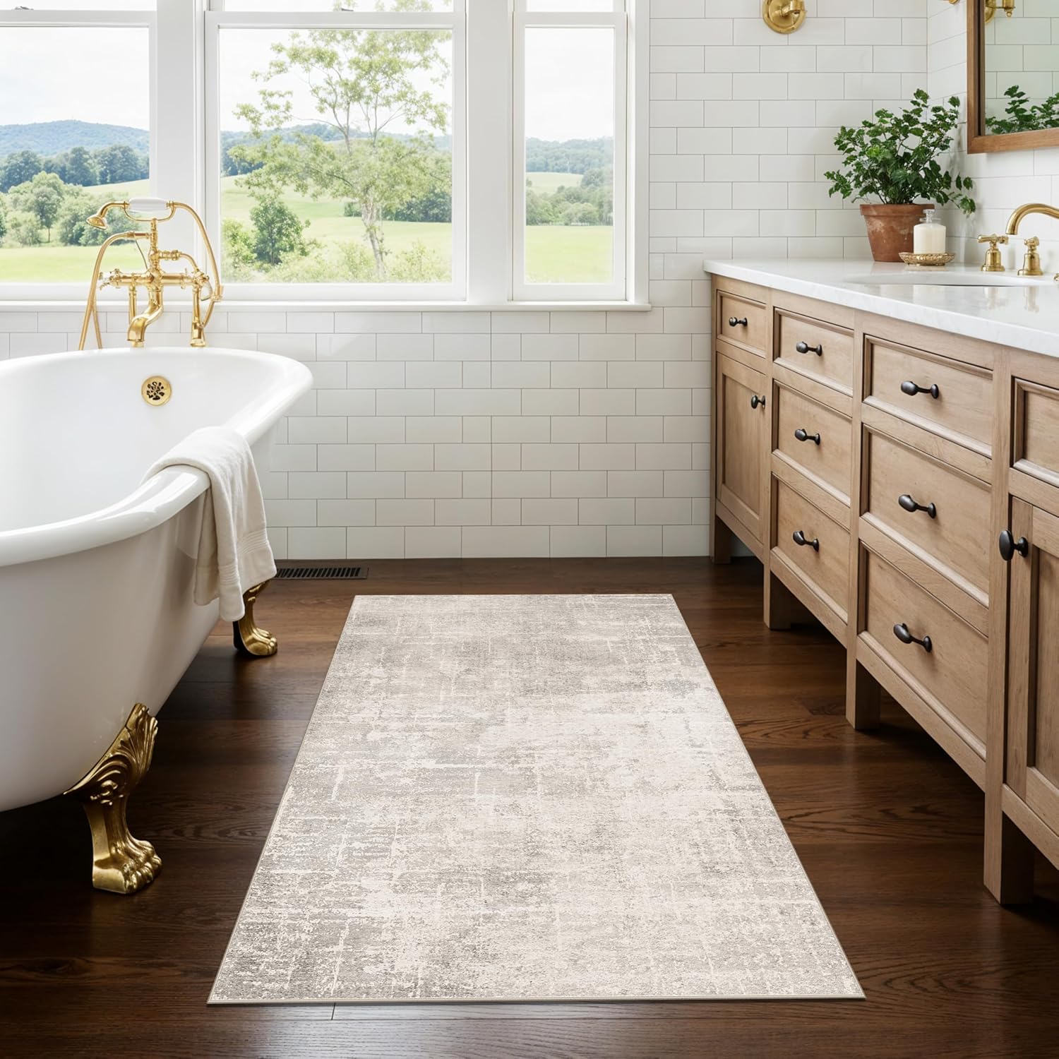 HAOYUNLAI 2x3 Entryway Area Rug: Washable Kitchen Bedroom Carpet Soft Abstract Laundry Bathroom Rugs with Non-Slip Backing Easy-Clean Distressed Home Decor Floor Mat for Pets Family (2x3,Beige/Cream) thumbnail