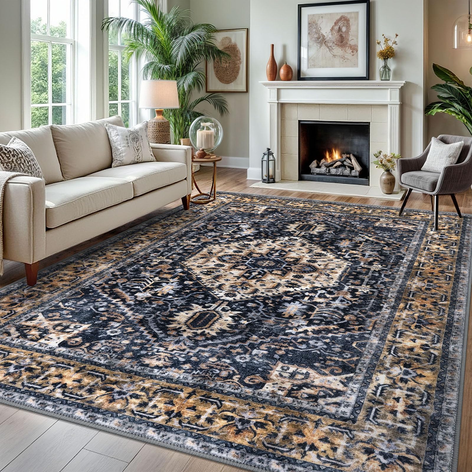 KOZYFLY Boho Area Rug 8x10 Ft Thin Rugs for Living Room Washable Bedroom Rug Non Slip Rugs for Living Room Gold Navy Printed Faux Wool Vintage Bedroom