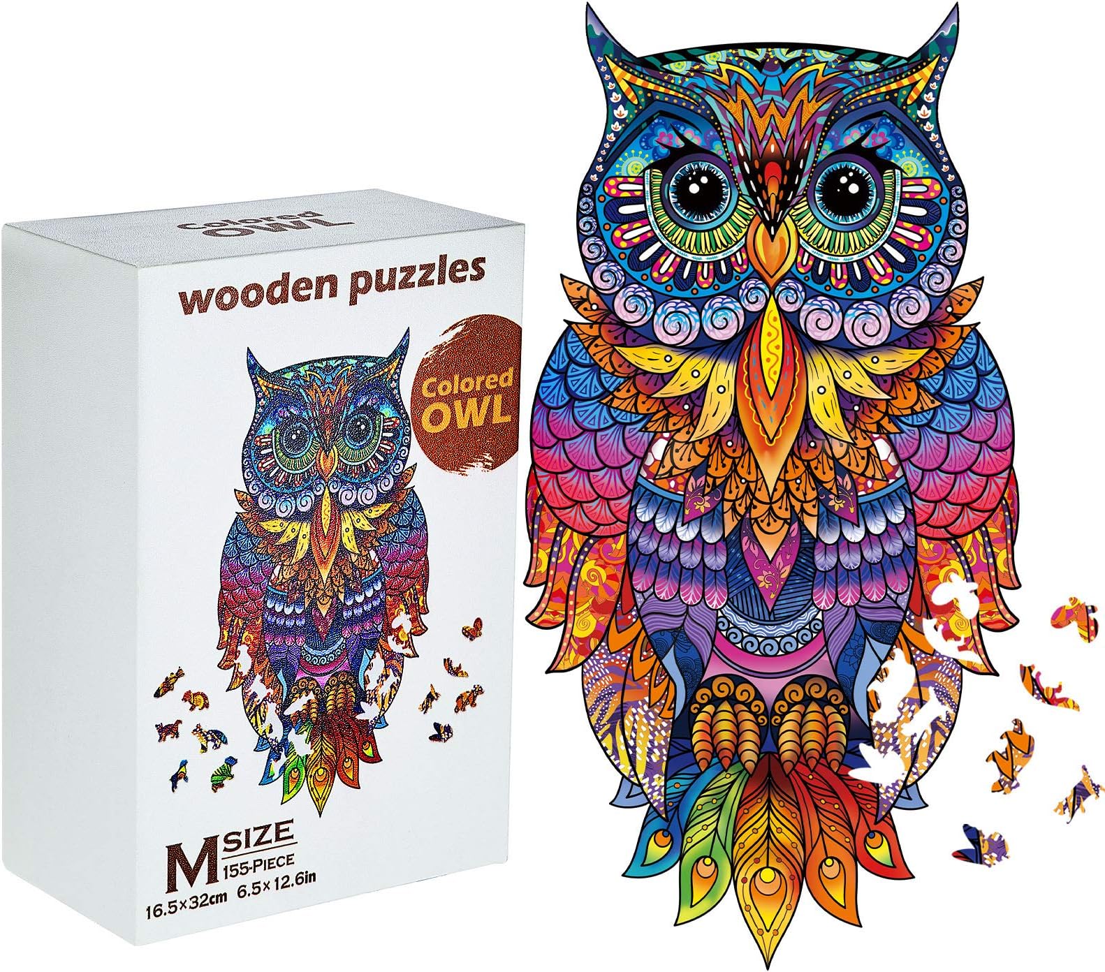 Sumind Owl Wooden Jigsaw Puzzles for Adult Original Wooden Jigsaw Puzzles Animal Shape 155 Pcs 6.5" x 12.6" Colorful Owl Funny Bird with Storage Box Challenging Gift for Boy Girl(Style 1)