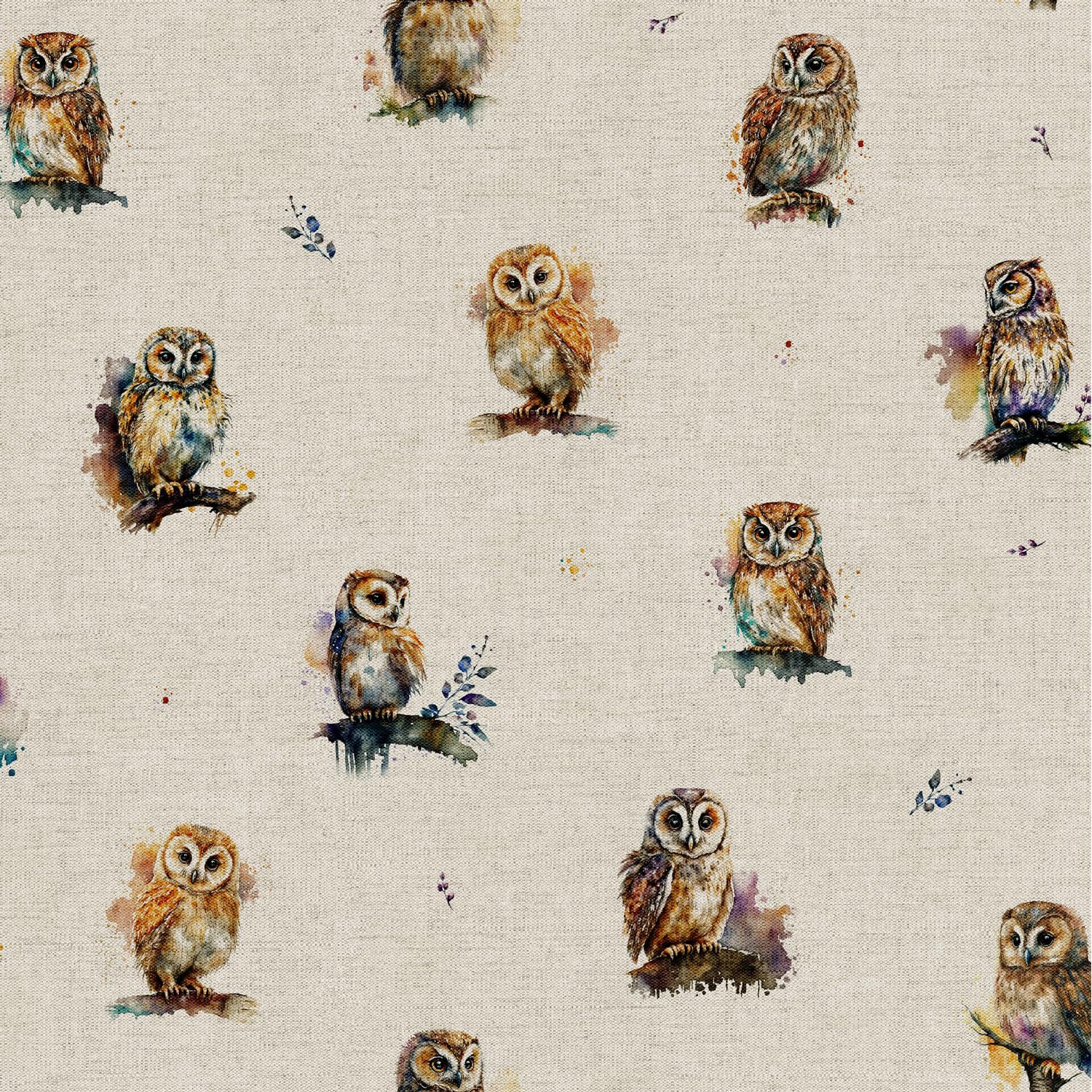 Cotton Rich Linen Look Upholstery Fabric 'Watercolour Owls' Digital Print - Per Metre - 140 cm Wide