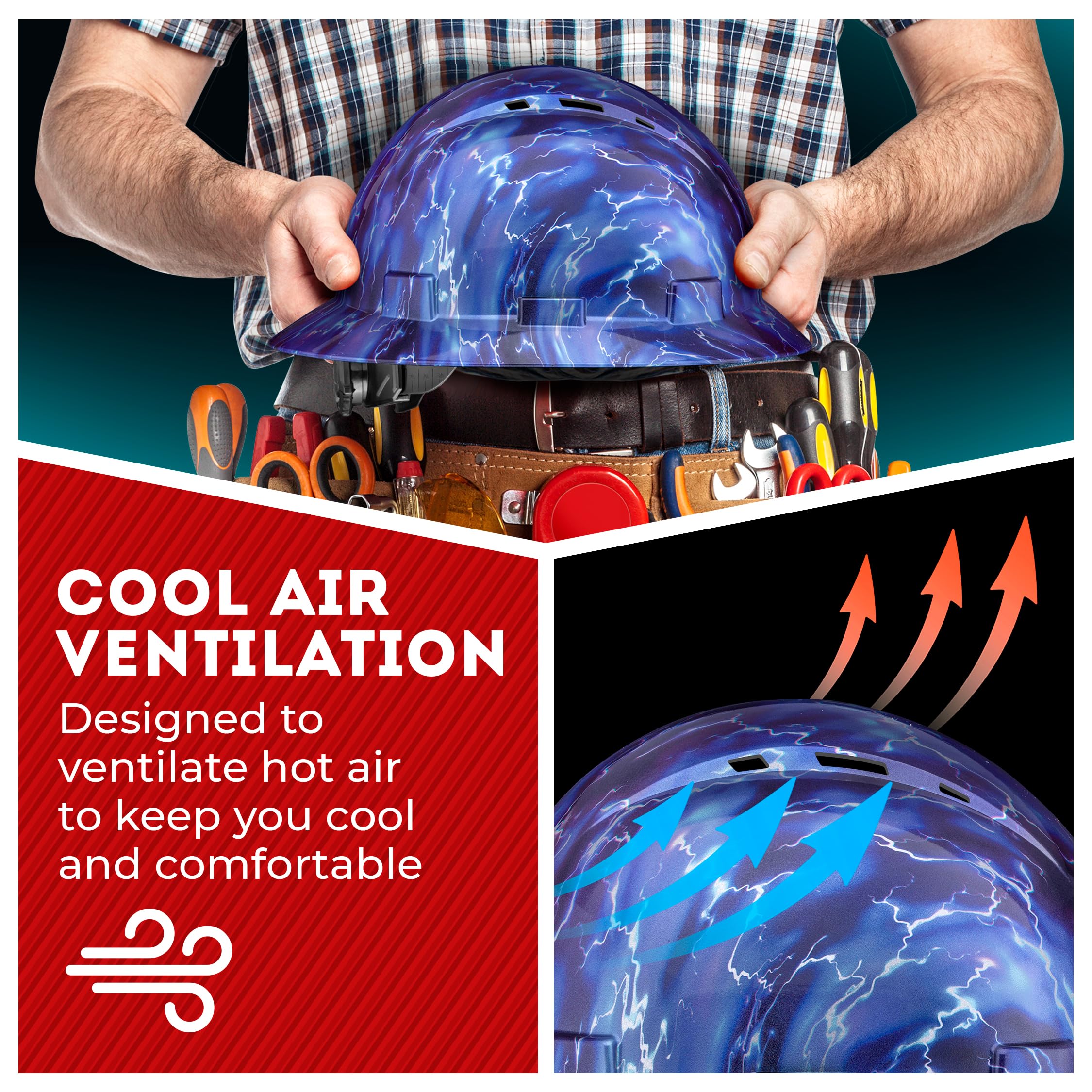 Casque de protection OSHA à large bord ventilé finition brillante bleu avec suspension à 6 points