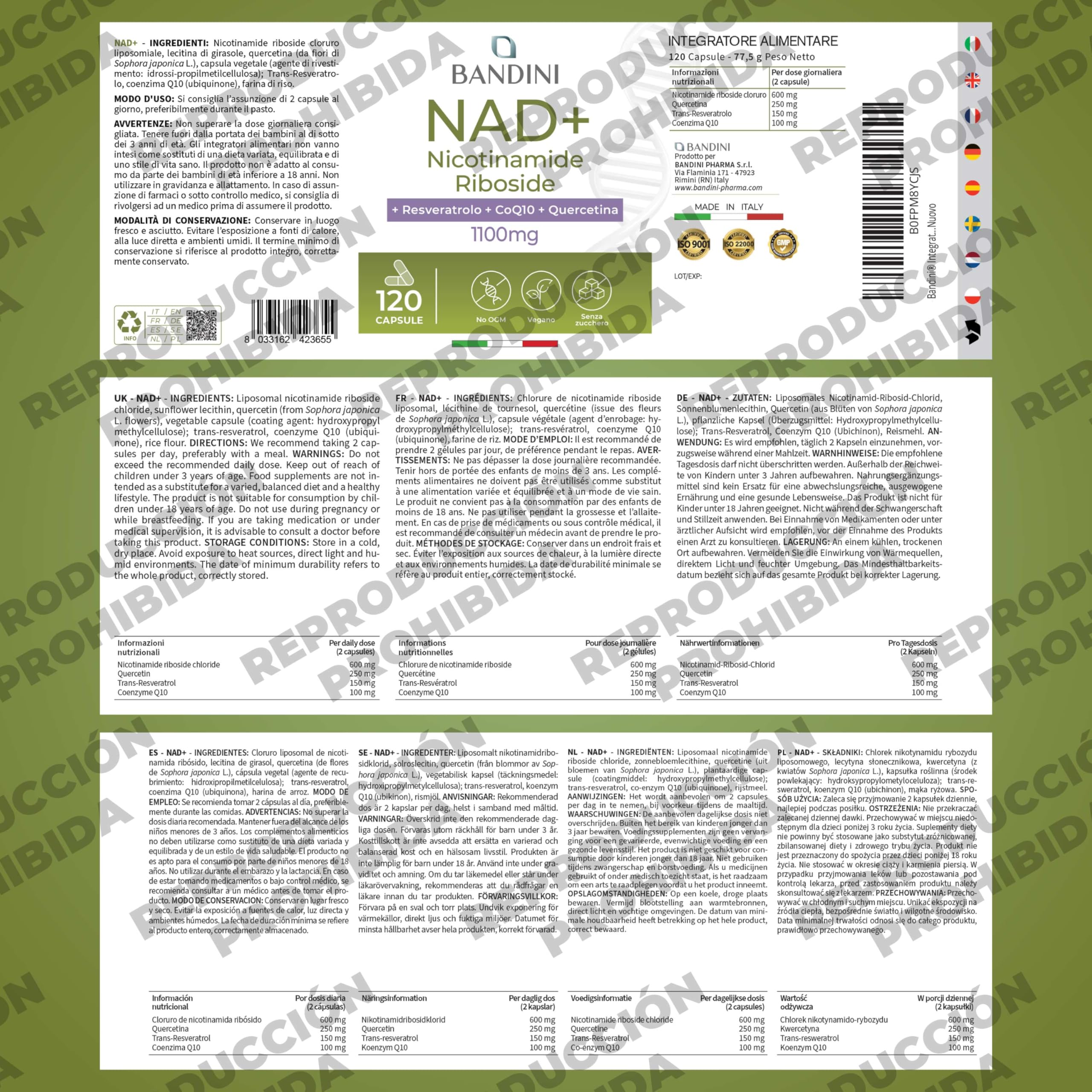 Bandini® NAD+ Liposomal 1100 mg | 120 Cápsulas Veganas | Con Cloruro de Ribósido de Nicotinamida, Quercetina, Resveratrol, Coenzima Q10 | Antienvejecimiento, Energía Celular, Sin OMG