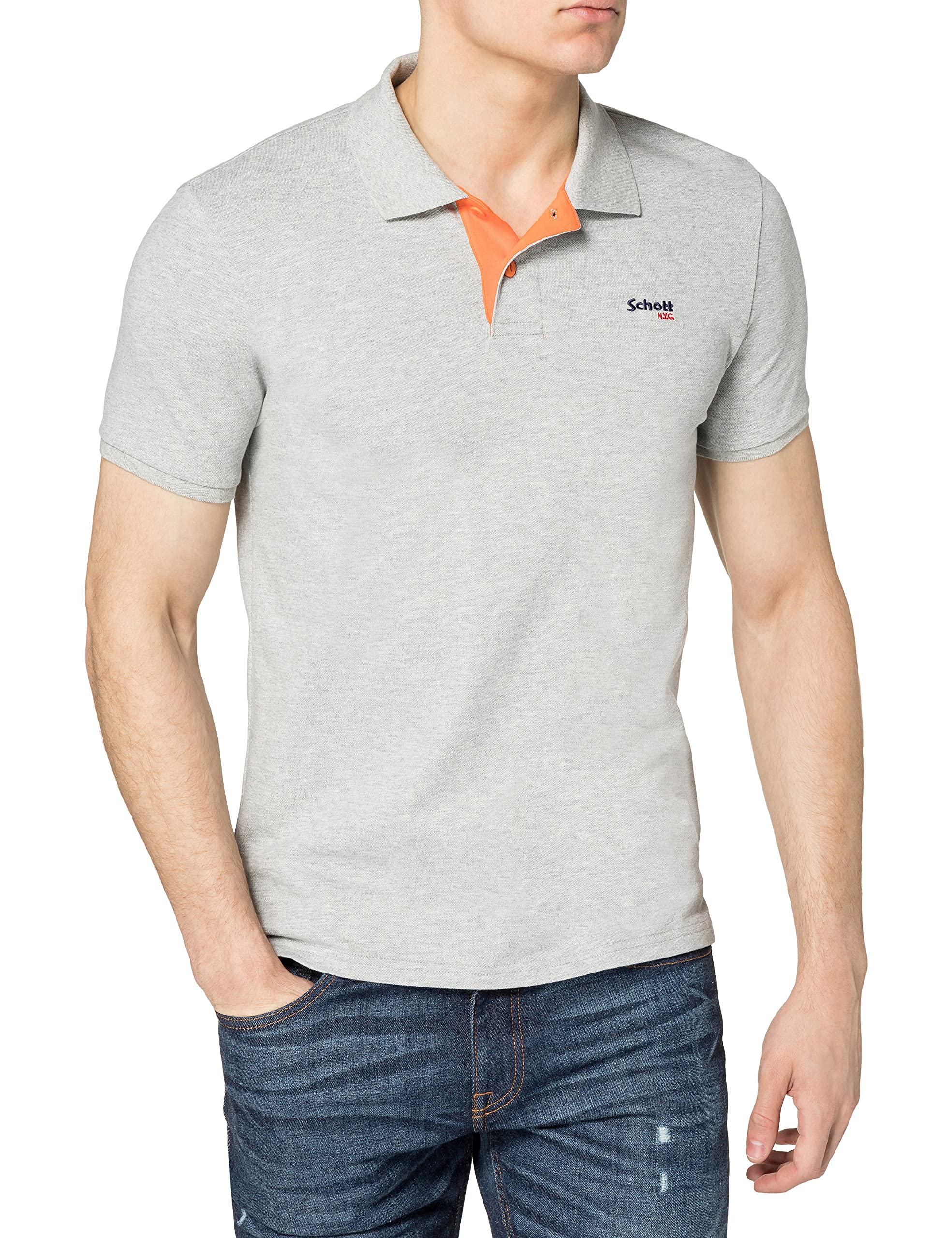 Schott NYC Men's Short Sleeve Polo, Hgrey/Orange, S
