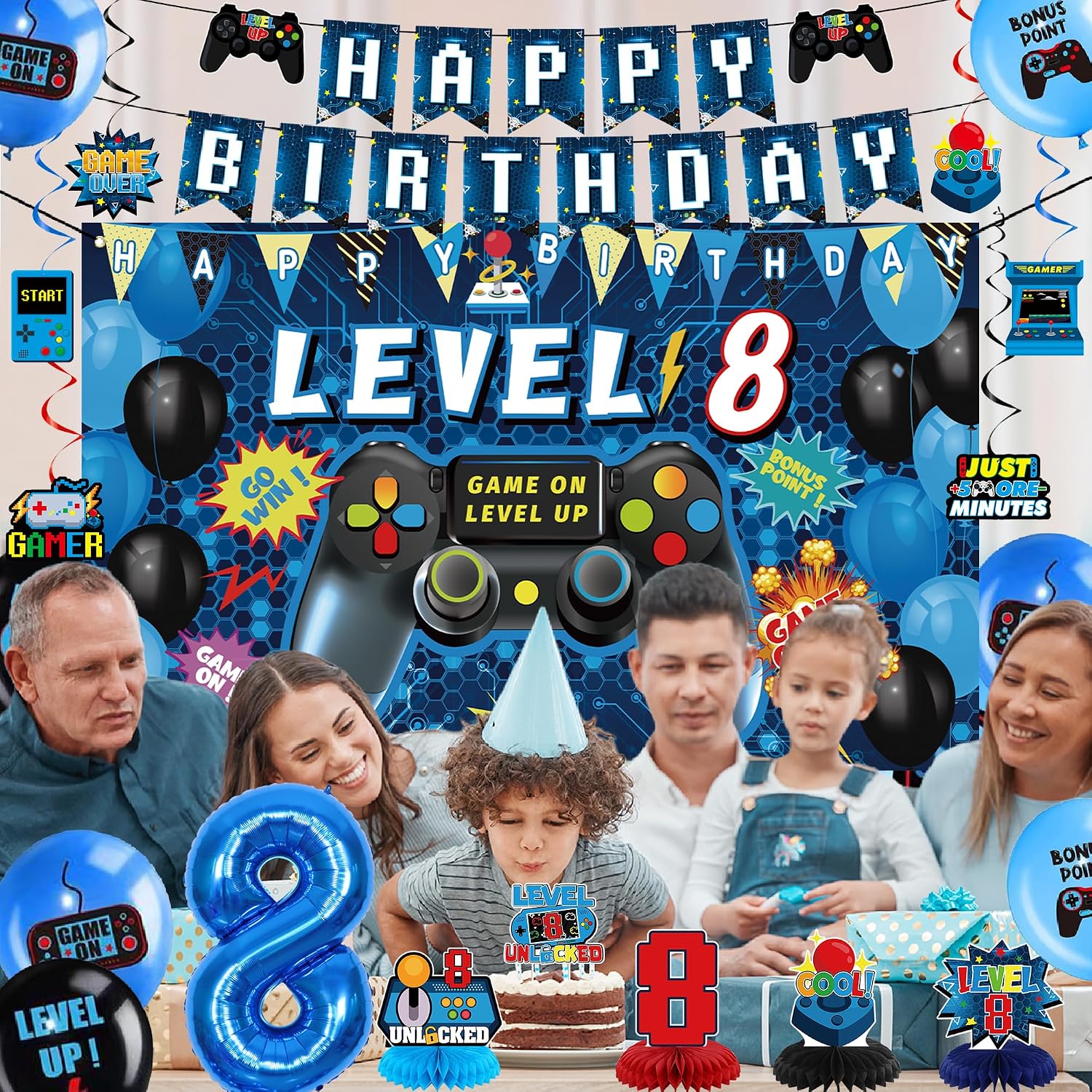 Vlipoeasn Video Game 8th Birthday Decorations for Boys, Blue Level 8 Banner Backdrop Honeycomb Centerpieces Hanging Swirls for 8th Birthday Party, Gamer 8 Years Old Party Supplies