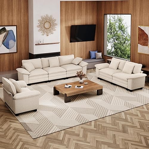 Miniatura 28 de Juego de sofá modular Cloud en forma de U, asiento profundo de 3 piezas, sofá modular de 6 plazas y brazos extraíbles, felpilla de felpa para sala