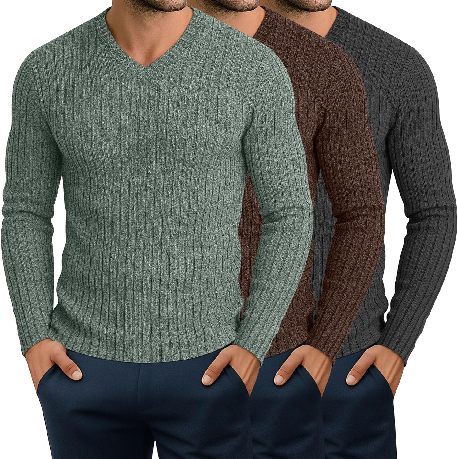 JoyMotion 3 Pack Men's Ribbed V Neck Long Sleeve Shirts, Slim Fit Thermal Sweaters Tops Muscle Athletic Casual Gym Basic Tees