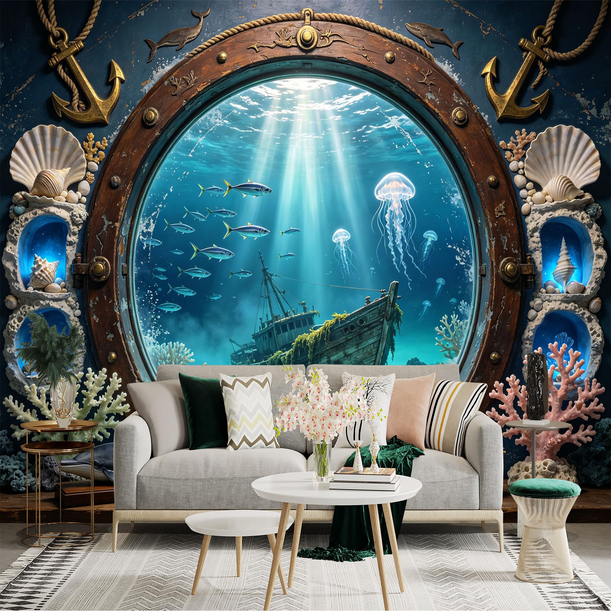 Custom Size Wall Sticker Mural， Underwater Shipwreck Ocean View， Nautical Porthole and Coral Reef， for wall Decoration， peelandstick wall Decals.