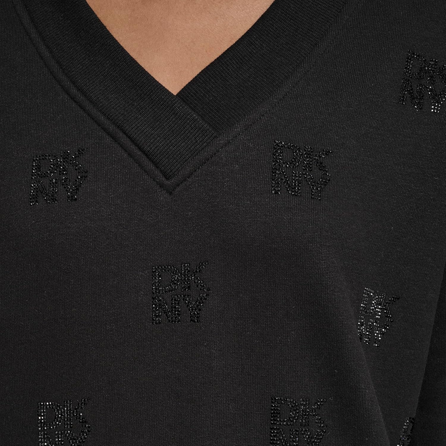 DKNY womens All Over Rhinestone V-neck Logo Fleece Sweatshirt - Image 5