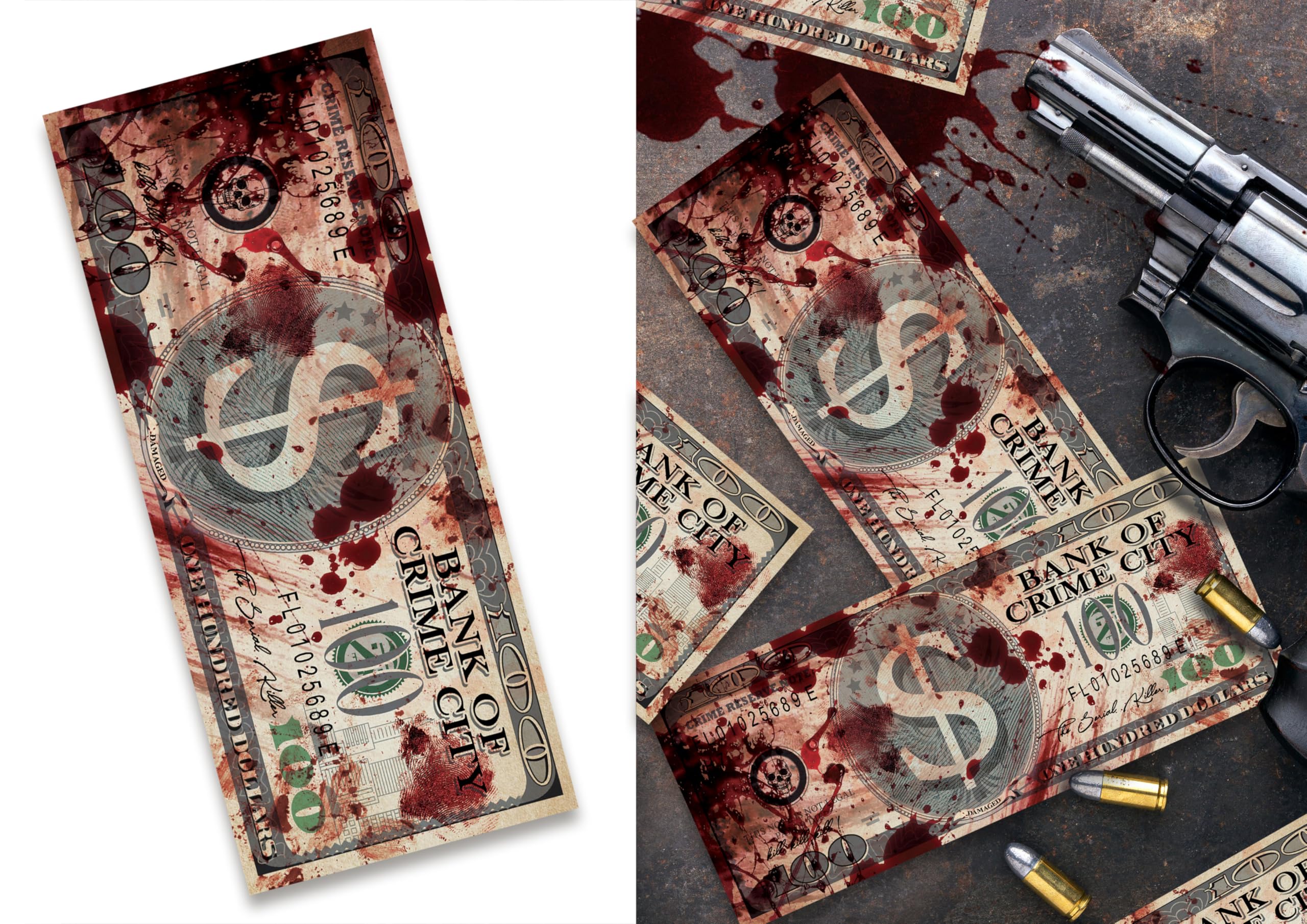FIESTAS GUIRCA | 75 Blood-Stained Banknotes (2.4x5.9 in) - Scary Props for Halloween Decoration and Thief Parties - Ideal for Terrifying Scenes and Celebrations - Multicoloured